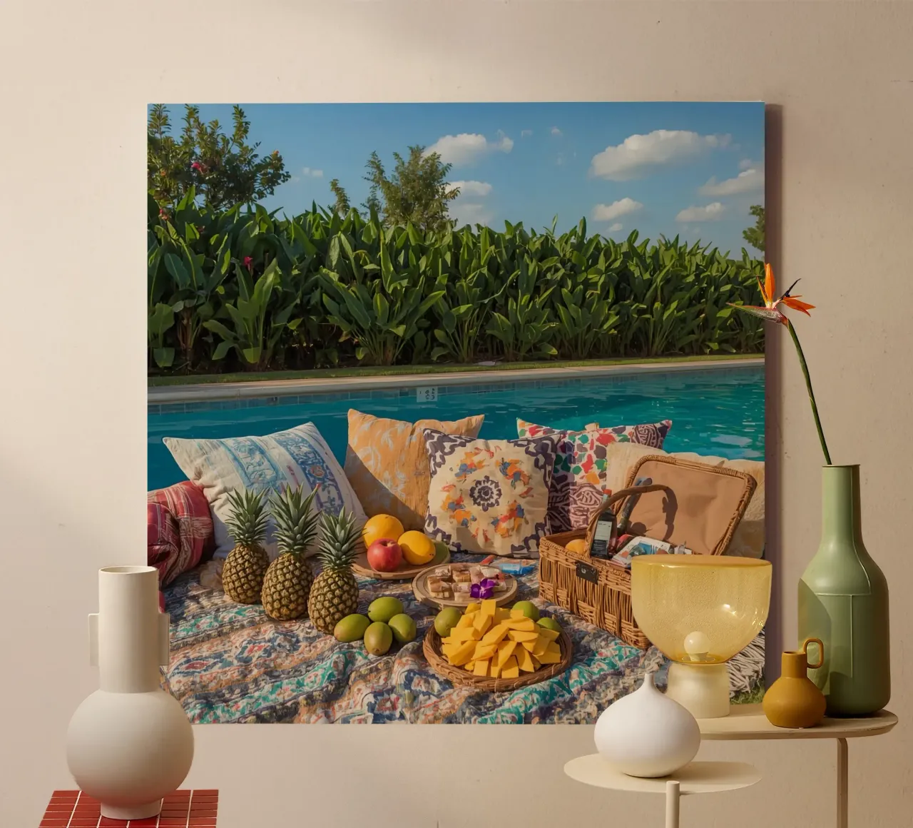 Picnic a bordo piscina con cuscini di frutta e cestino di vimini tela con Cornice a cassetta da DesignDoodle