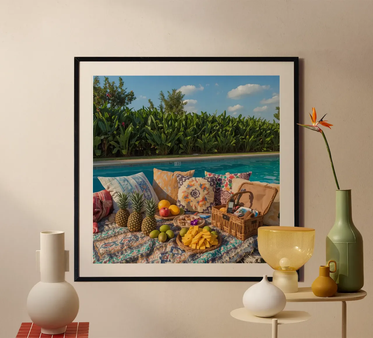 Picnic a bordo piscina con cuscini di frutta e cestino di vimini poster da DesignDoodle