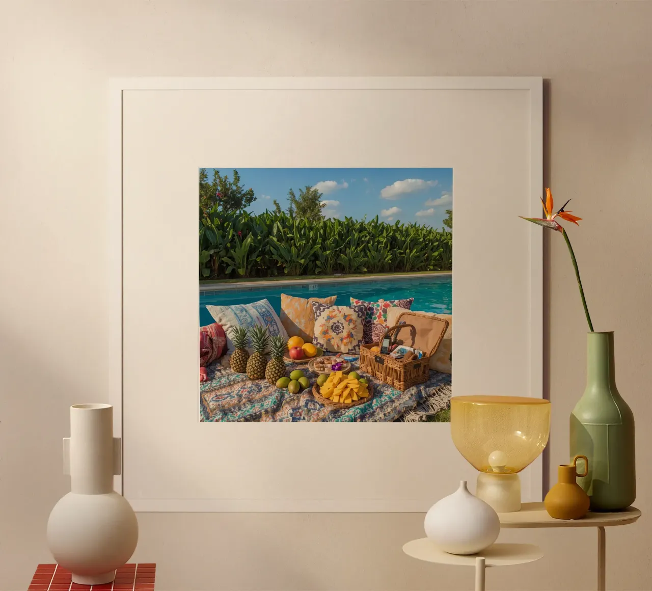 Picnic a bordo piscina con cuscini di frutta e cestino di vimini poster da DesignDoodle