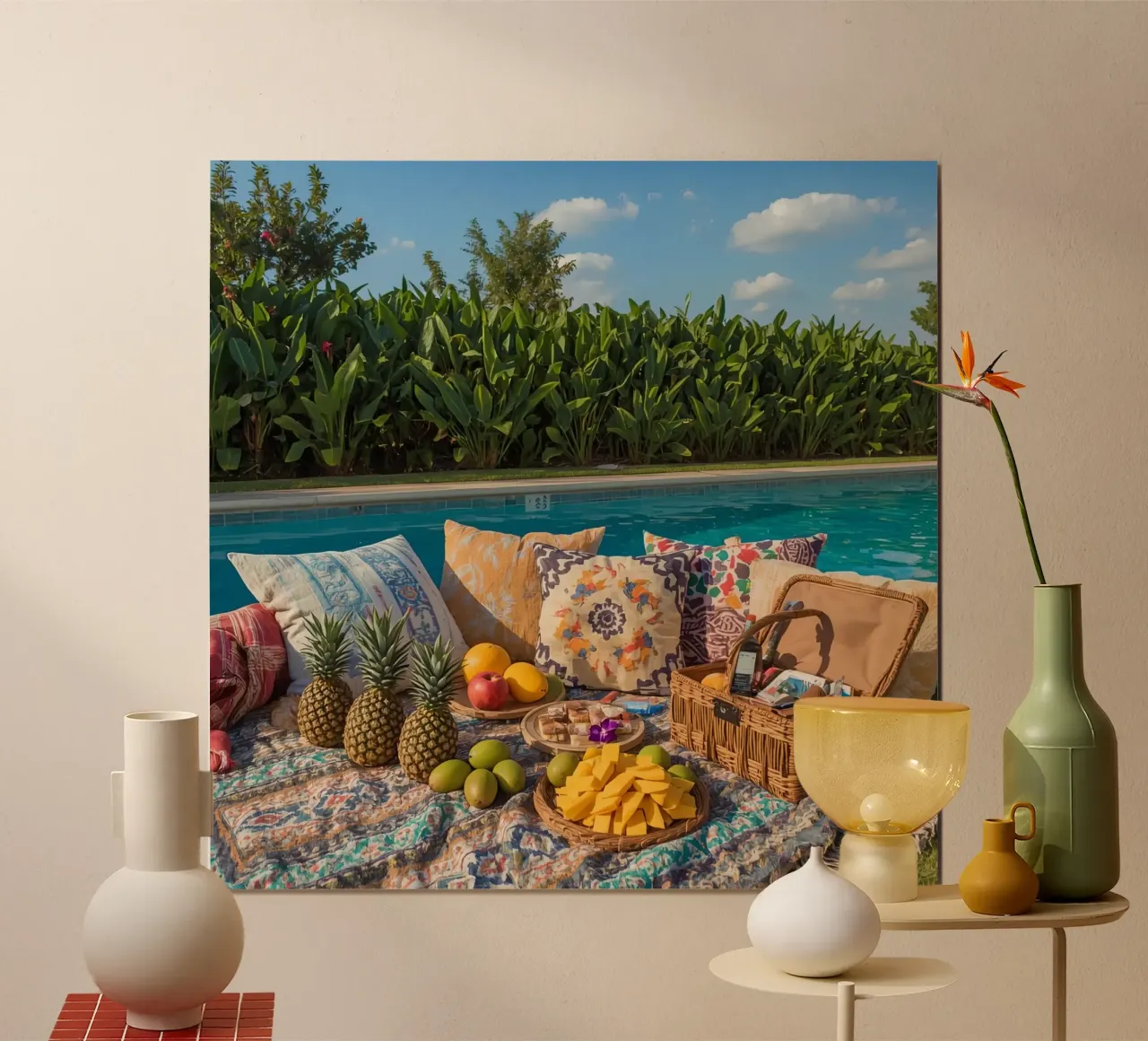 Picnic a bordo piscina con cuscini di frutta e cestino di vimini poster da DesignDoodle