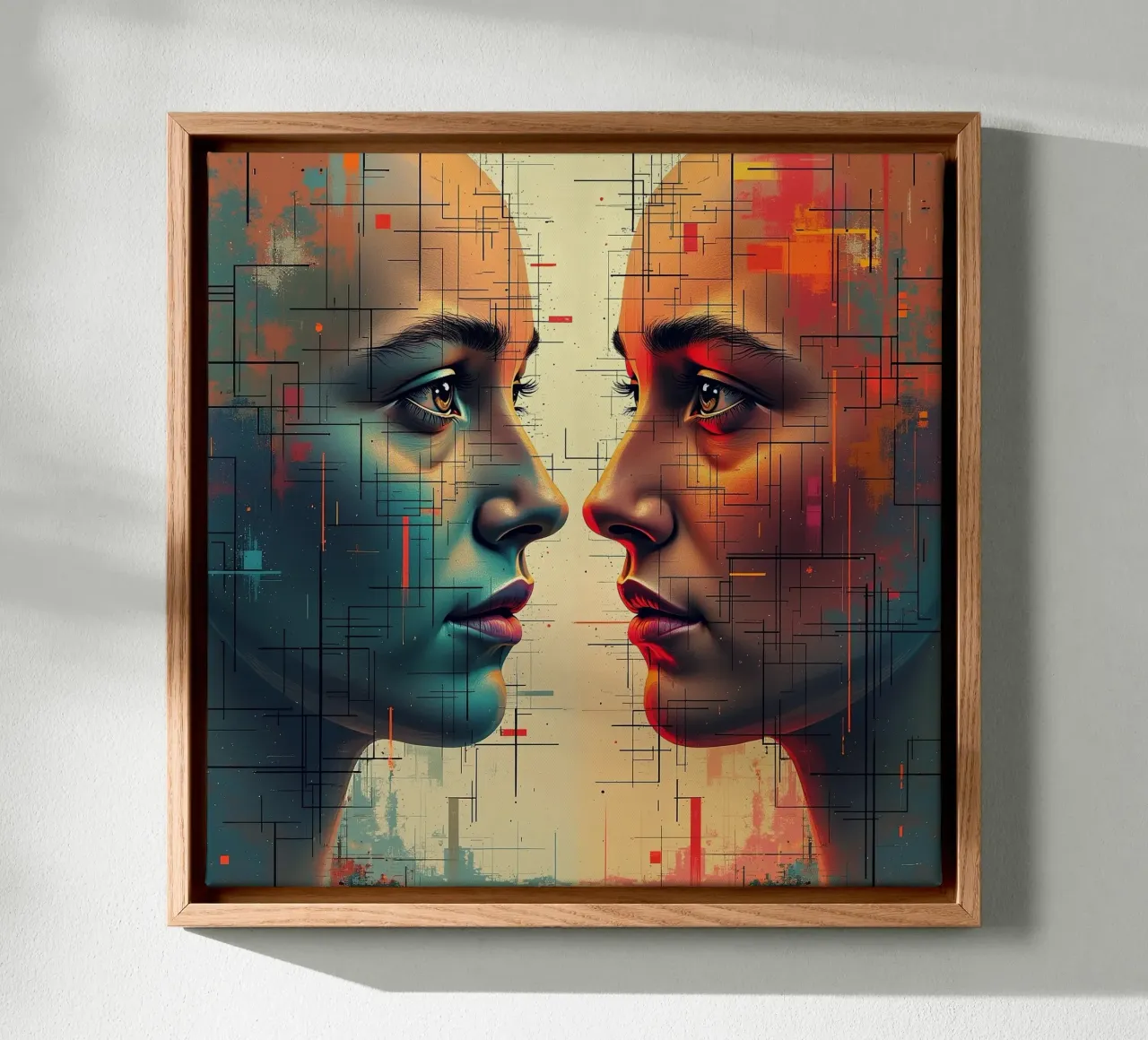 Mirror_image_colourful_8 canvas with Floater frame by AI-Portraits by LK