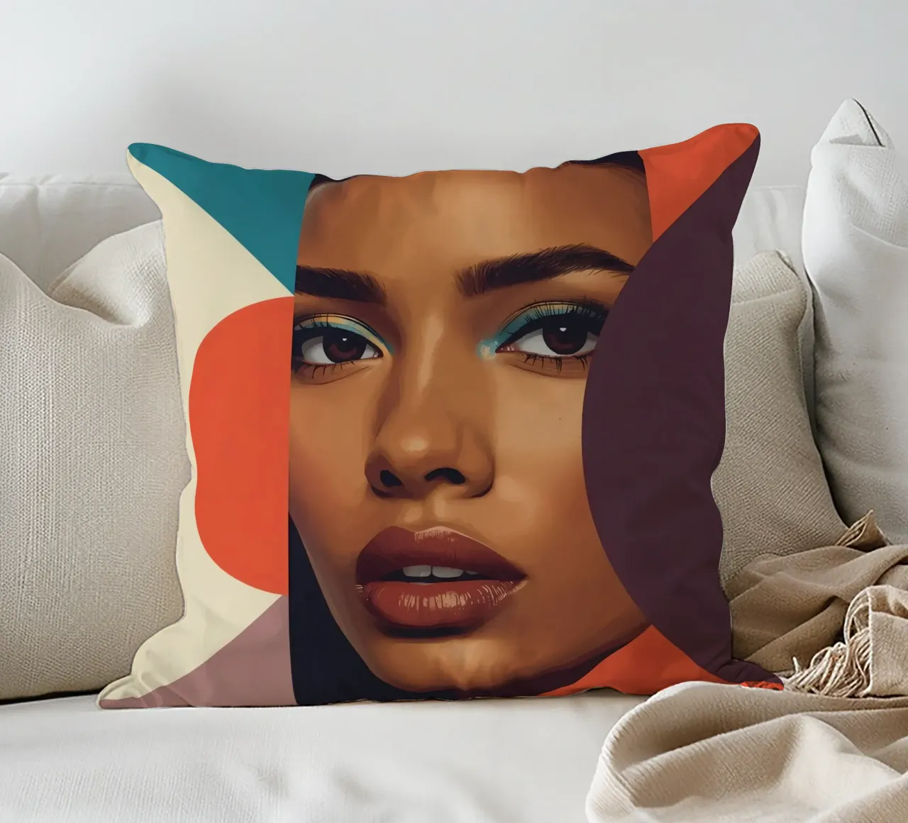 Volto di donna astratto con forme geometriche cuscino da DesignDoodle