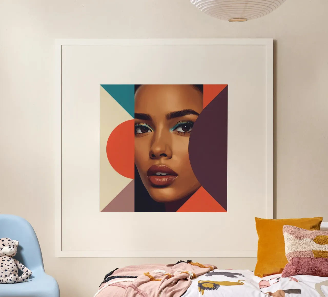 Volto di donna astratto con forme geometriche poster con telaio in legno da DesignDoodle