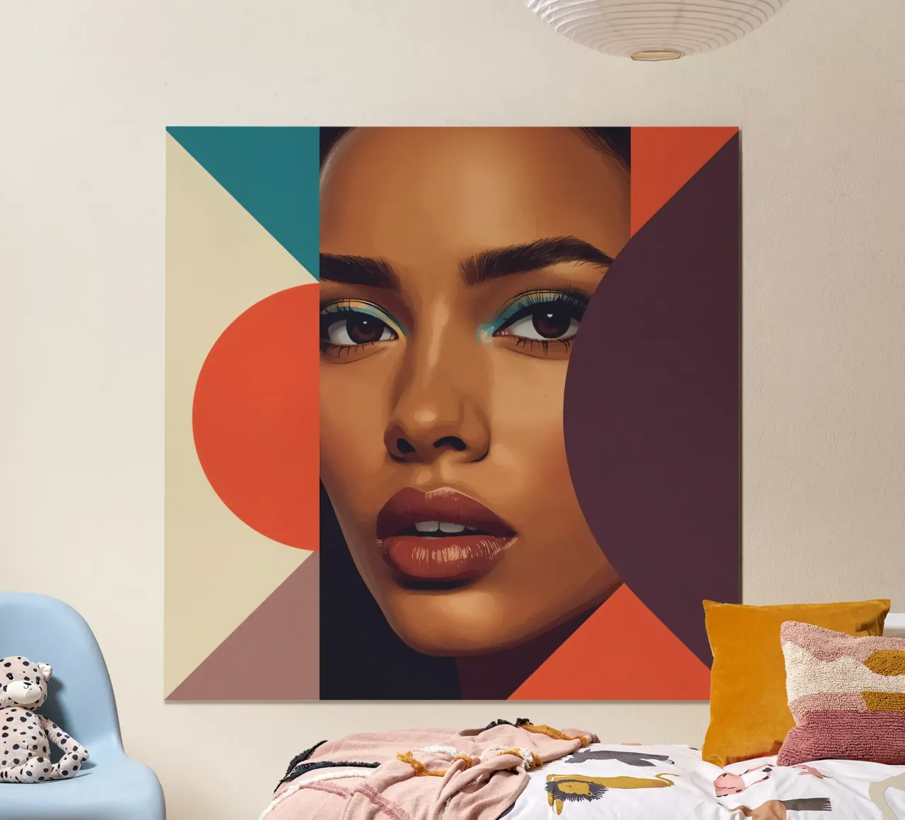Volto di donna astratto con forme geometriche poster con telaio in legno da DesignDoodle