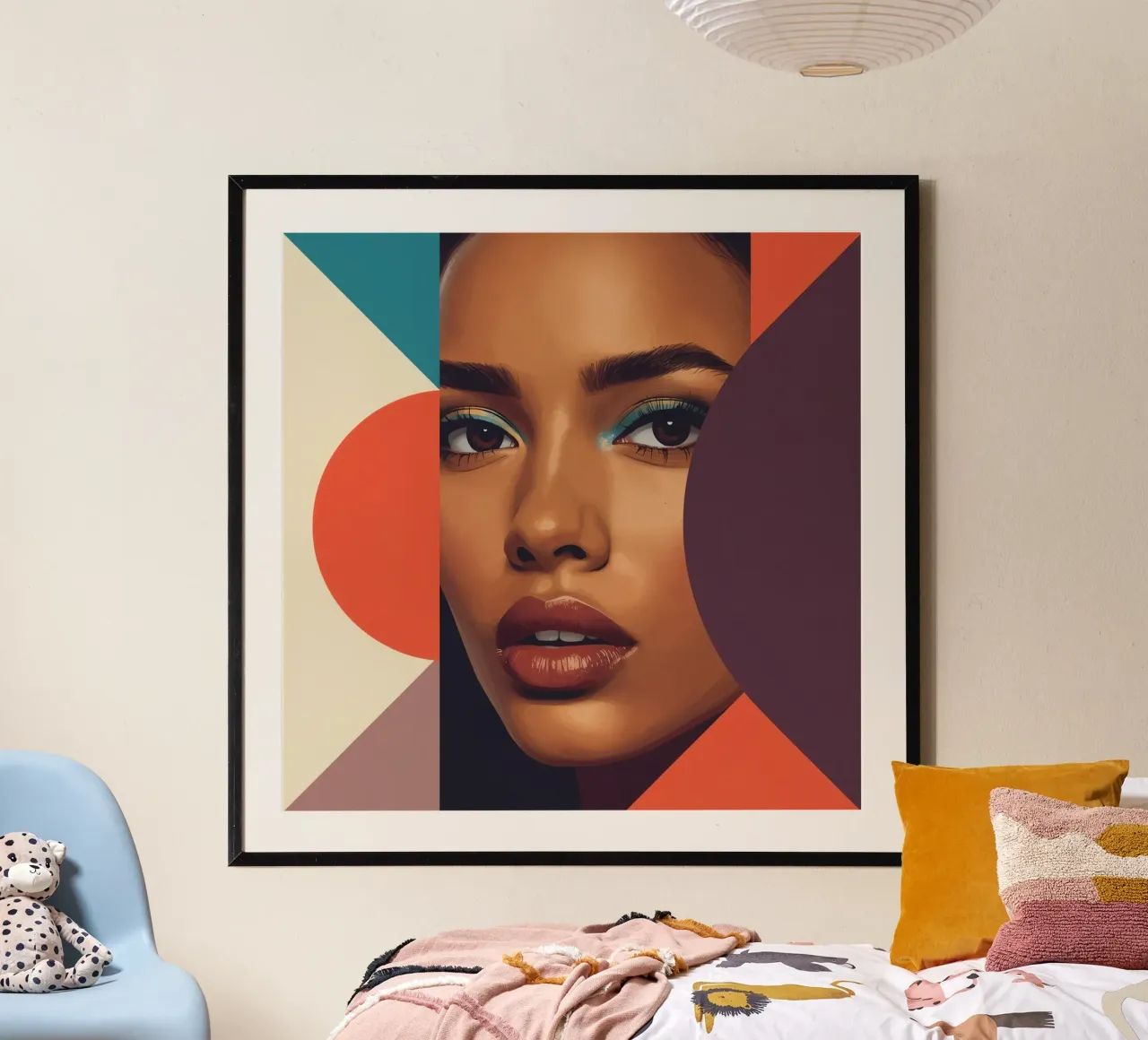 Volto di donna astratto con forme geometriche poster con telaio in legno da DesignDoodle