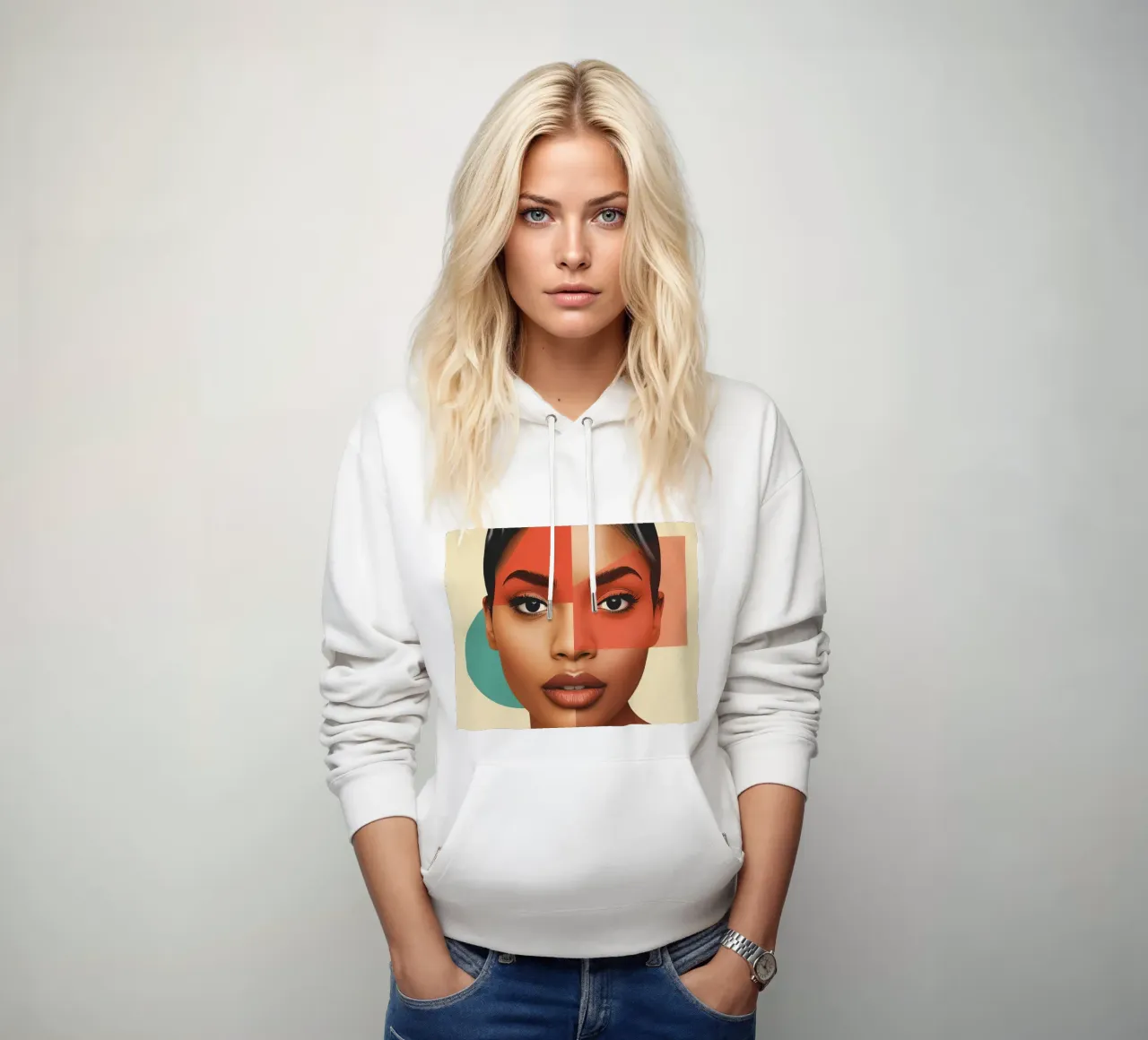 Volto di donna con sovrapposizione di forme geometriche Make up felpa con cappuccio da DesignDoodle