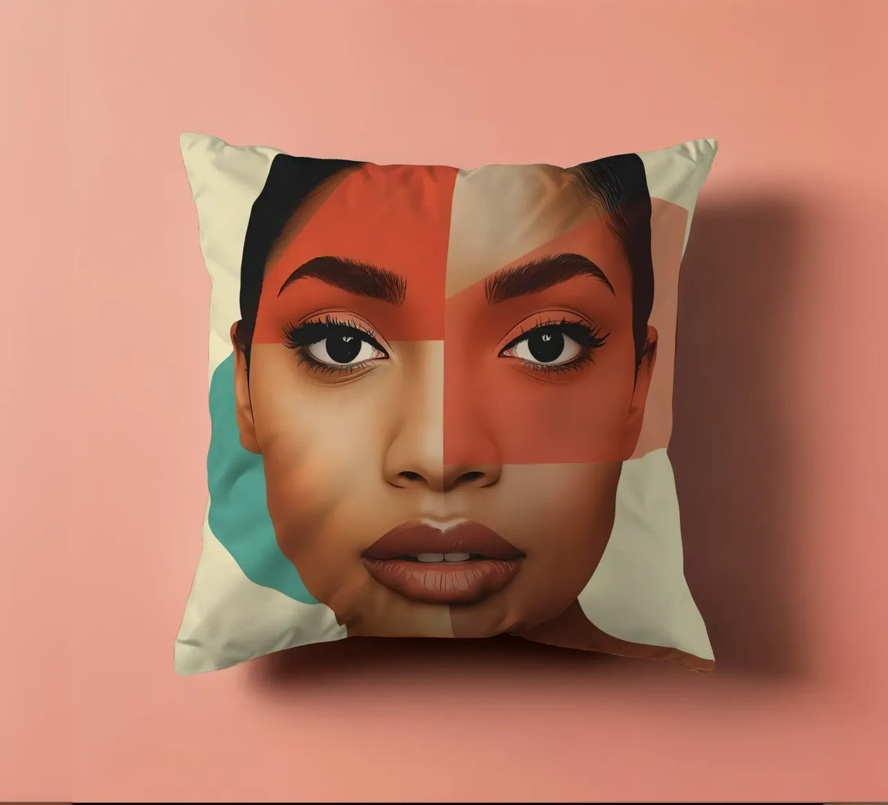 Volto di donna con sovrapposizione di forme geometriche Make up cuscino da DesignDoodle