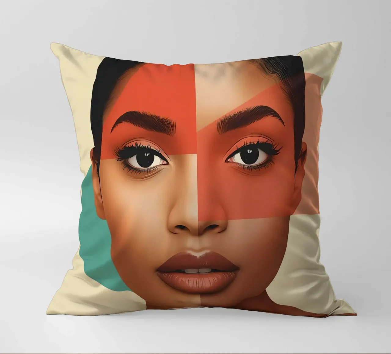 Volto di donna con sovrapposizione di forme geometriche Make up cuscino da DesignDoodle