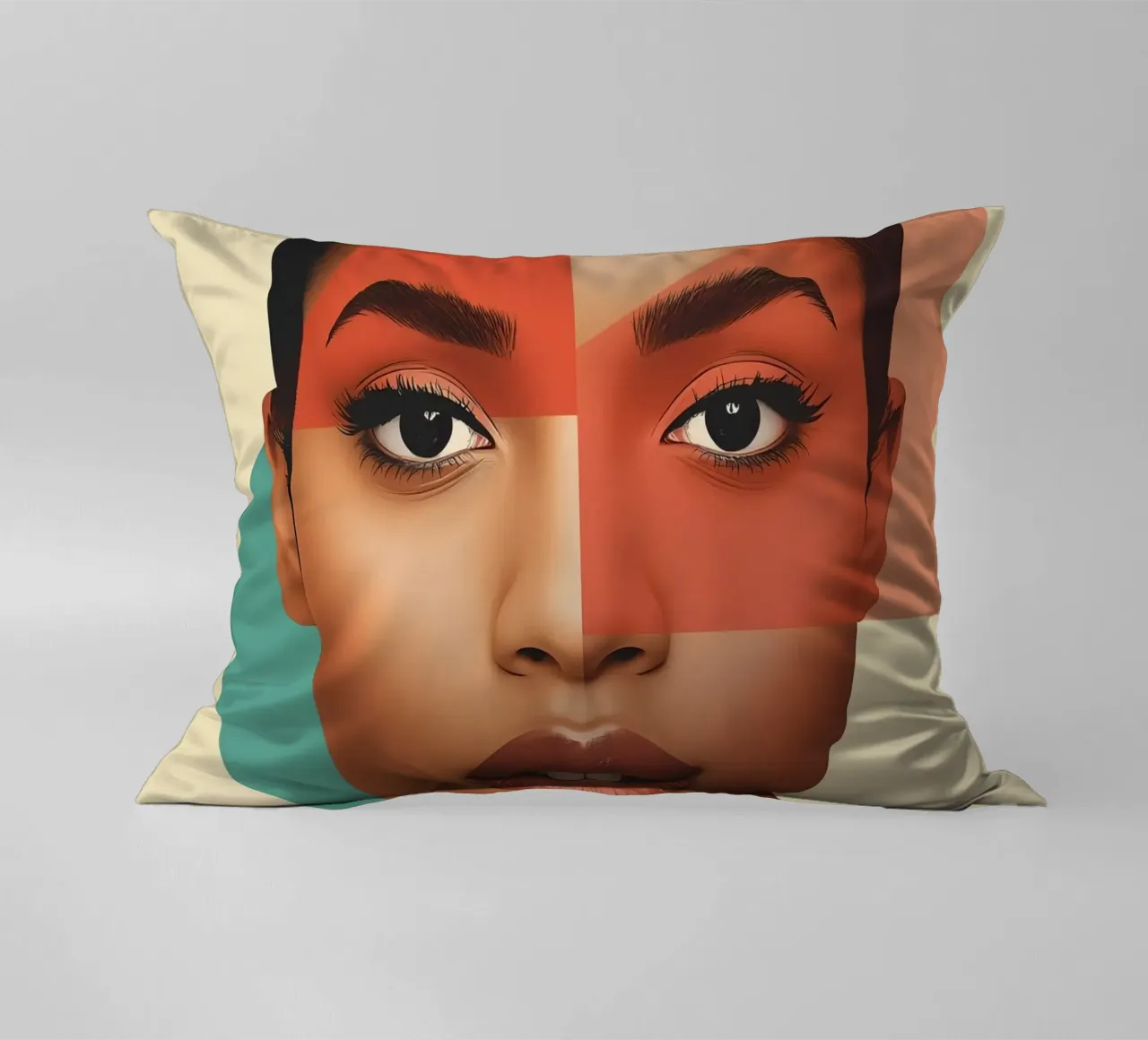 Volto di donna con sovrapposizione di forme geometriche Make up cuscino da DesignDoodle