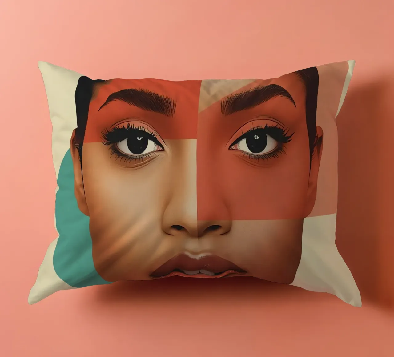 Volto di donna con sovrapposizione di forme geometriche Make up cuscino da DesignDoodle