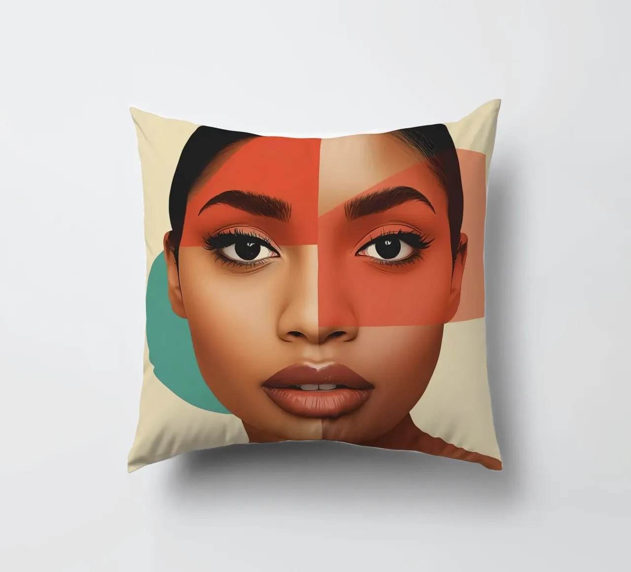 Volto di donna con sovrapposizione di forme geometriche Make up cuscino da DesignDoodle