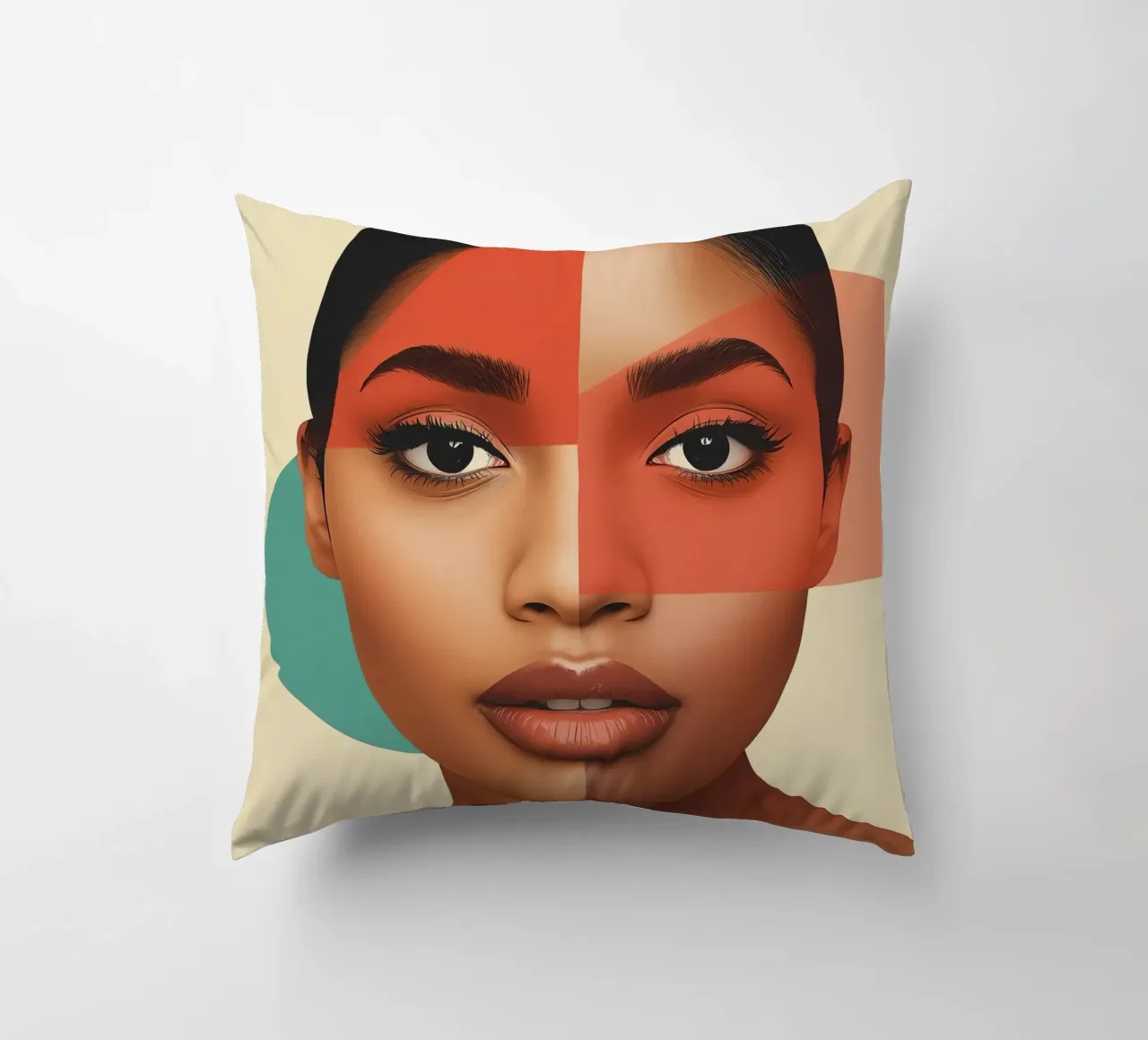 Volto di donna con sovrapposizione di forme geometriche Make up cuscino da DesignDoodle