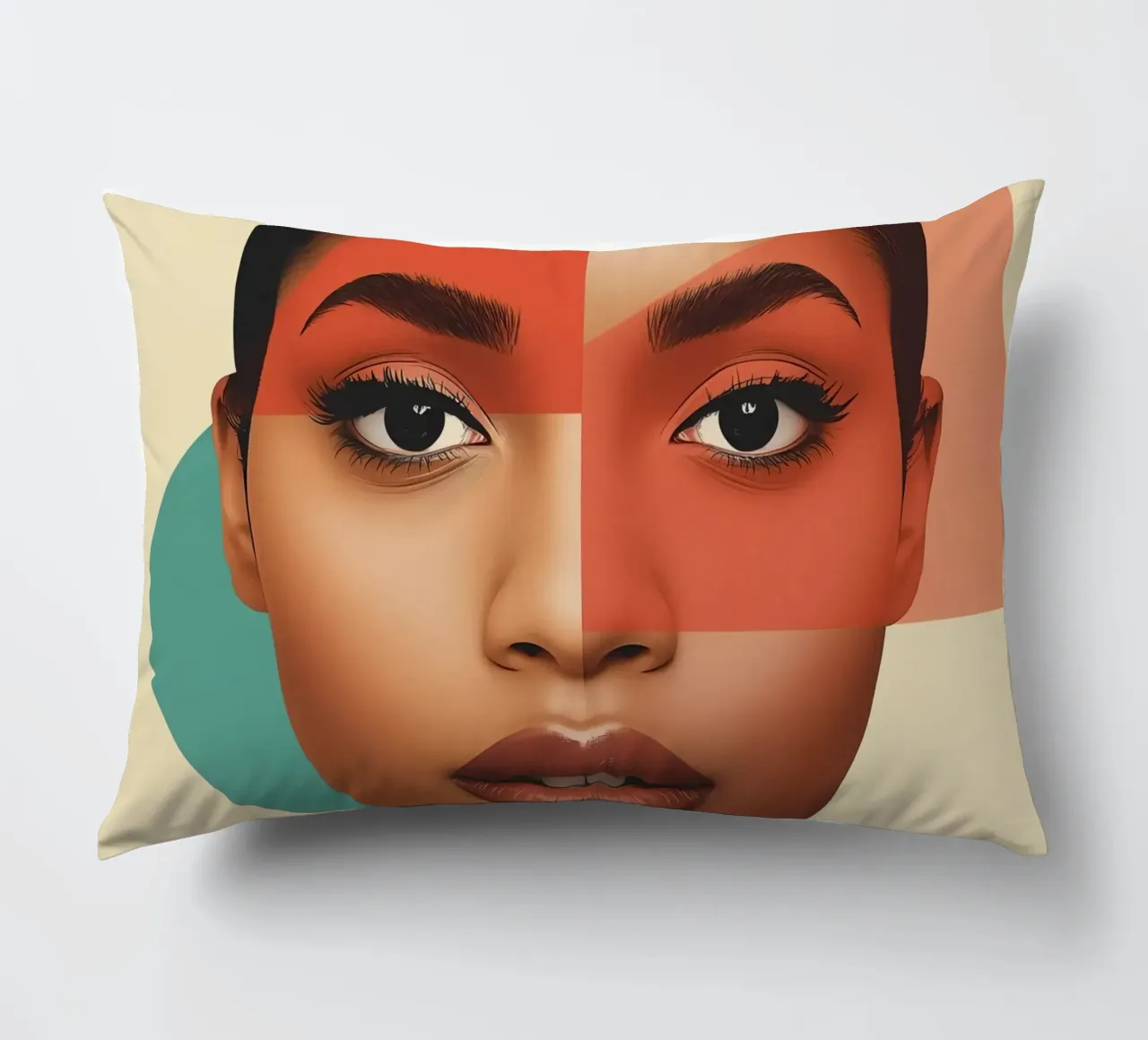 Volto di donna con sovrapposizione di forme geometriche Make up cuscino da DesignDoodle