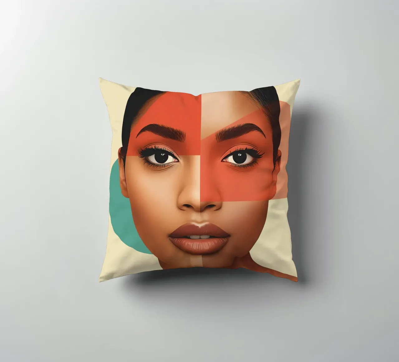 Volto di donna con sovrapposizione di forme geometriche Make up cuscino da DesignDoodle