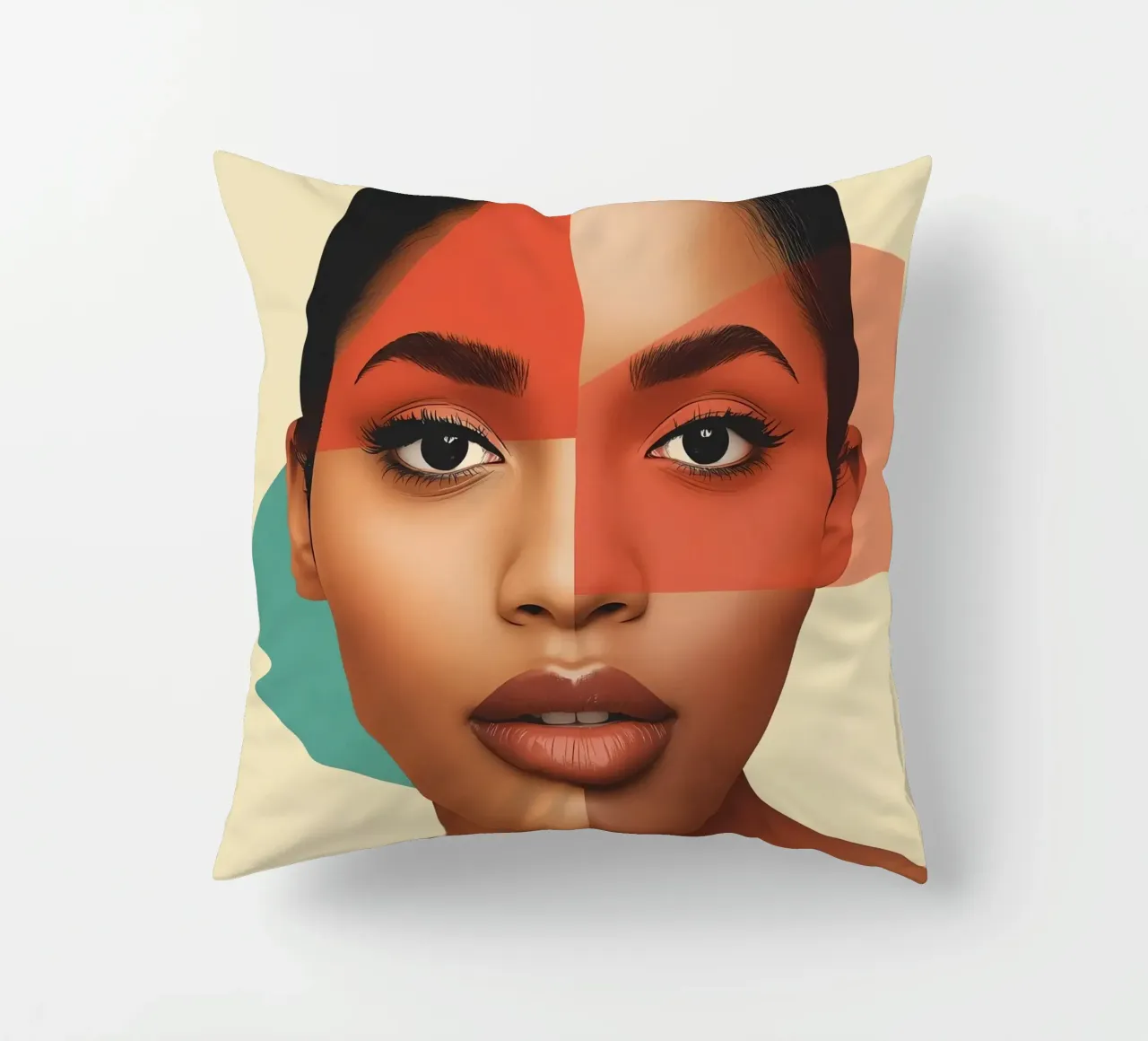 Volto di donna con sovrapposizione di forme geometriche Make up cuscino da DesignDoodle