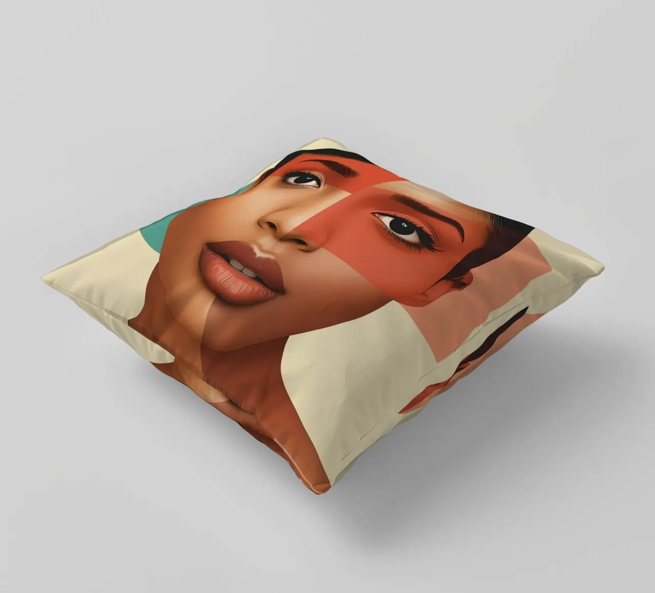 Volto di donna con sovrapposizione di forme geometriche Make up cuscino da DesignDoodle