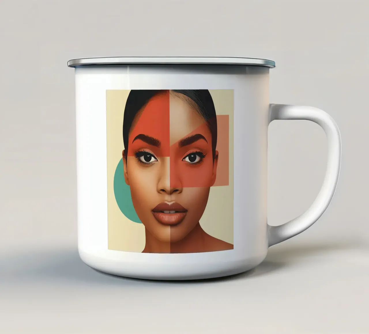 Volto di donna con sovrapposizione di forme geometriche Make up tazza in smalto da DesignDoodle