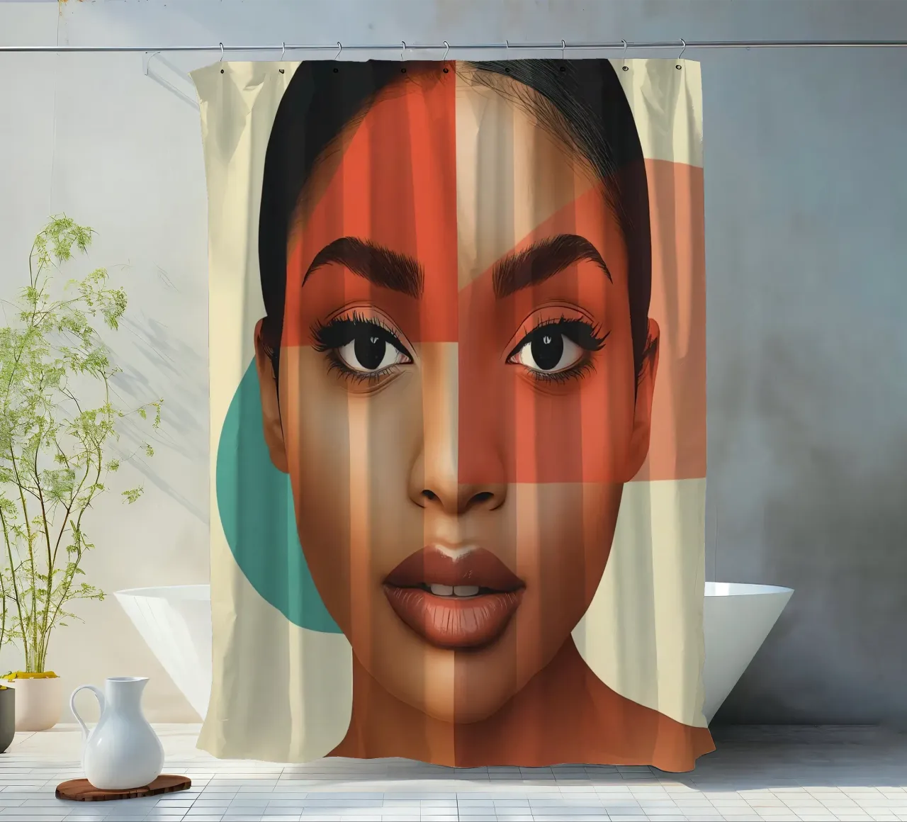 Volto di donna con sovrapposizione di forme geometriche Make up tenda da doccia da DesignDoodle