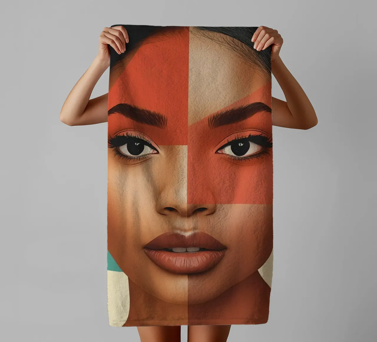 Volto di donna con sovrapposizione di forme geometriche Make up asciugamano da bagno da DesignDoodle