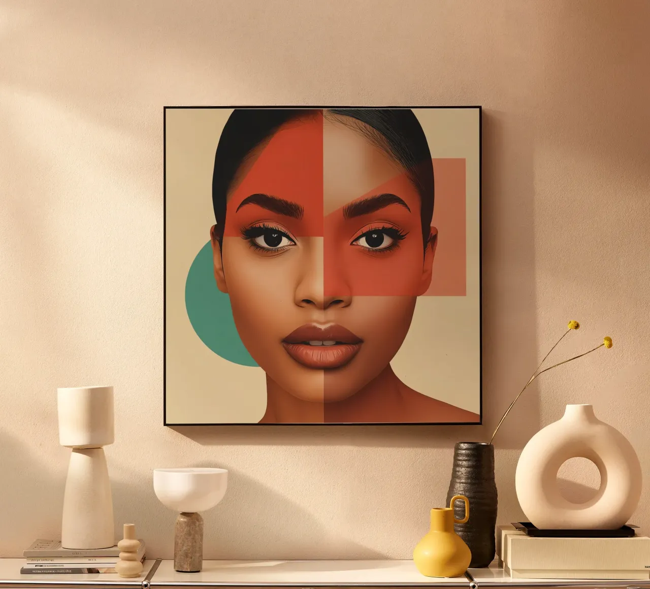 Volto di donna con sovrapposizione di forme geometriche Make up alluminio dibond da DesignDoodle