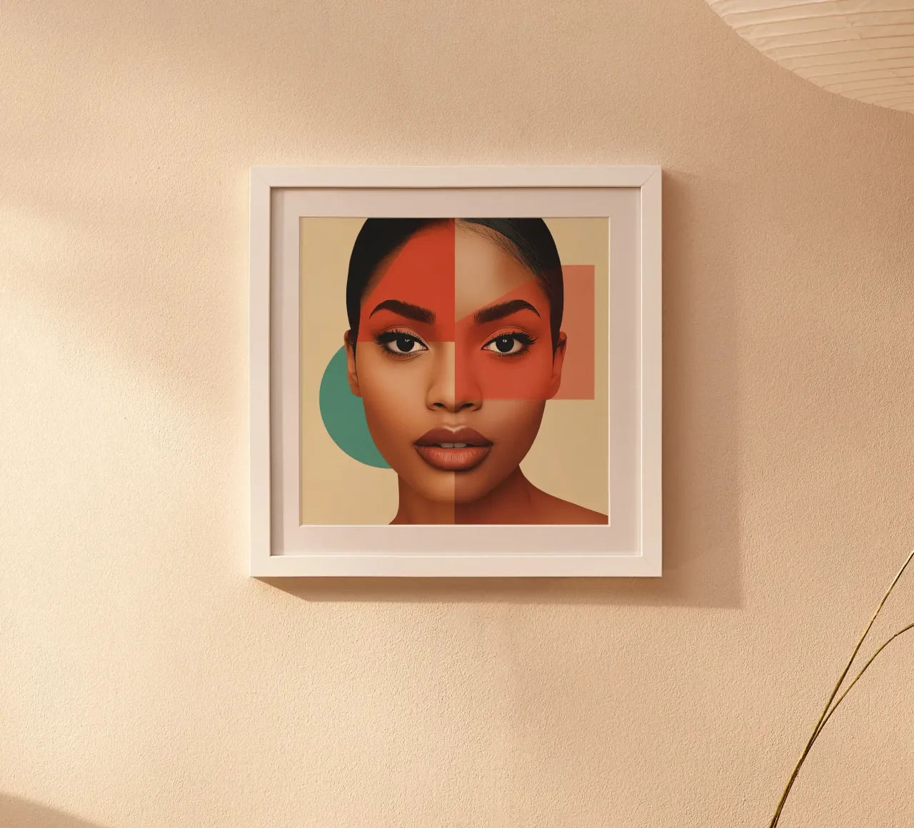 Volto di donna con sovrapposizione di forme geometriche Make up poster con telaio in legno da DesignDoodle