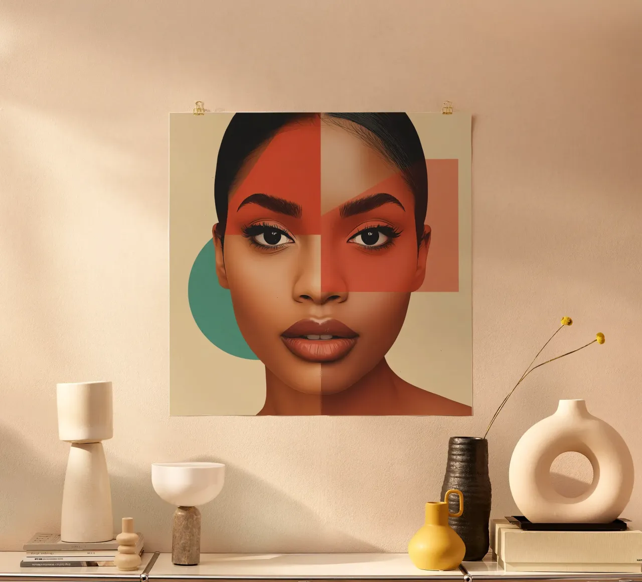 Volto di donna con sovrapposizione di forme geometriche Make up poster con telaio in legno da DesignDoodle