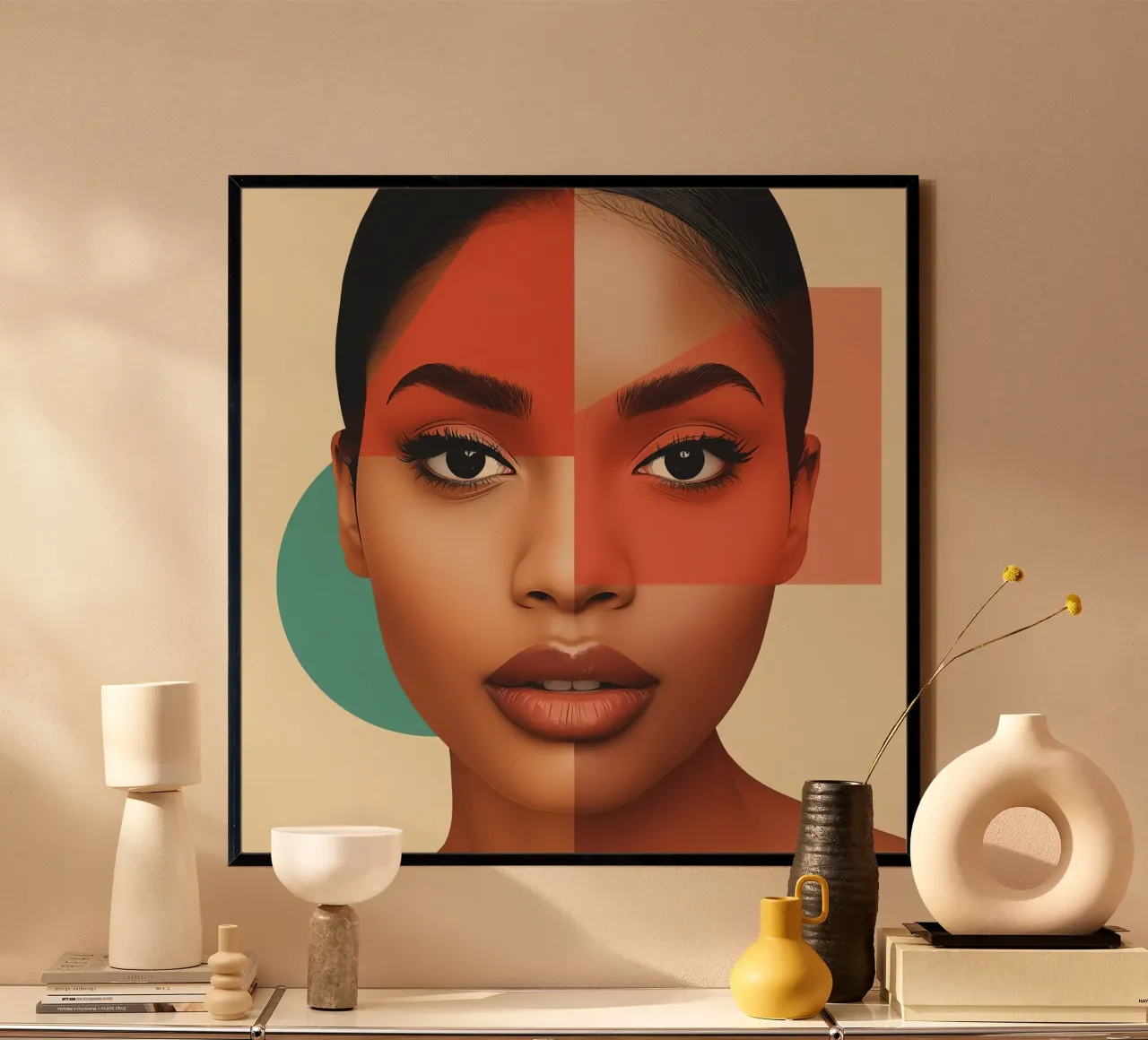 Volto di donna con sovrapposizione di forme geometriche Make up poster con telaio in legno da DesignDoodle