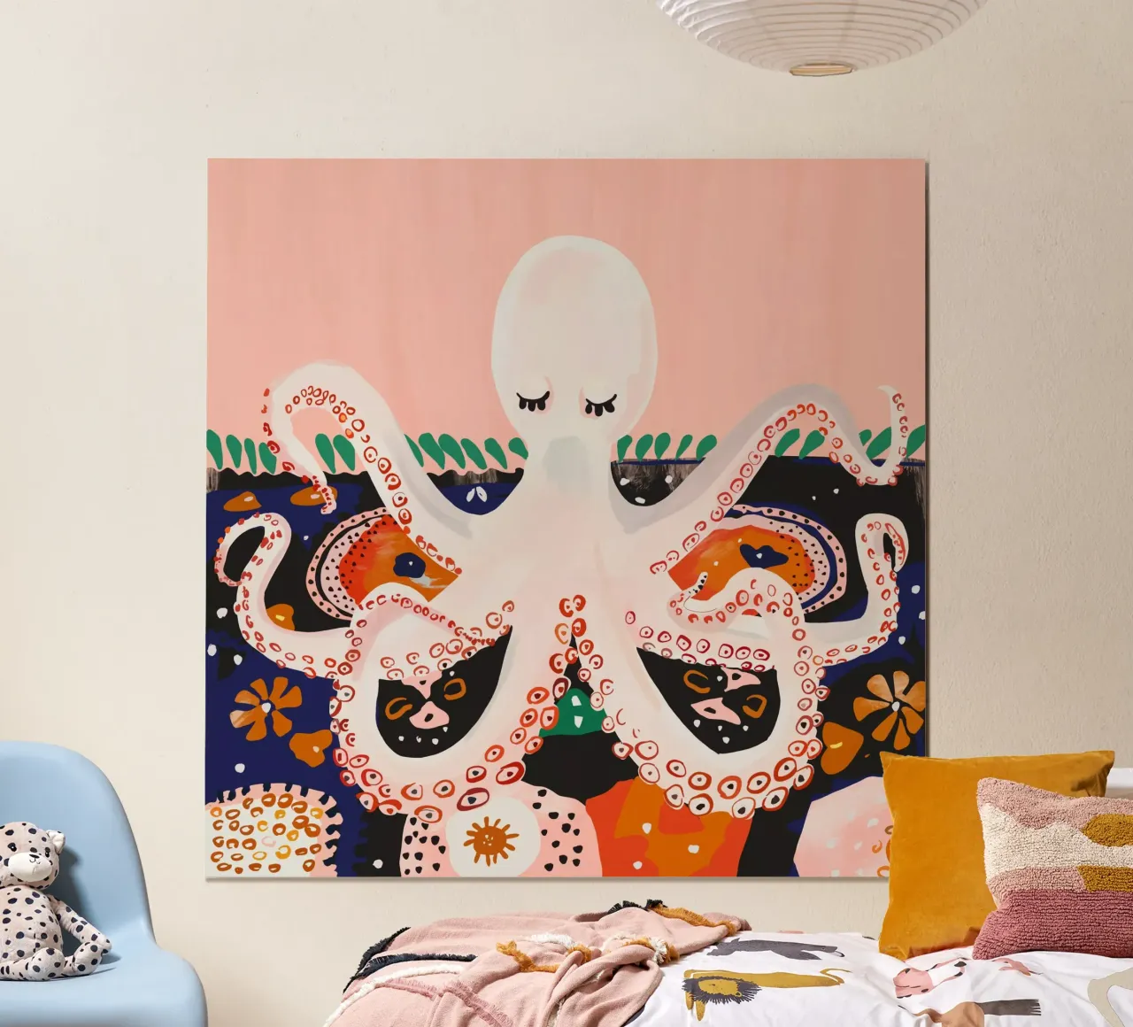 Polpo in meditazione poster con telaio in alluminio da ArtsySesta