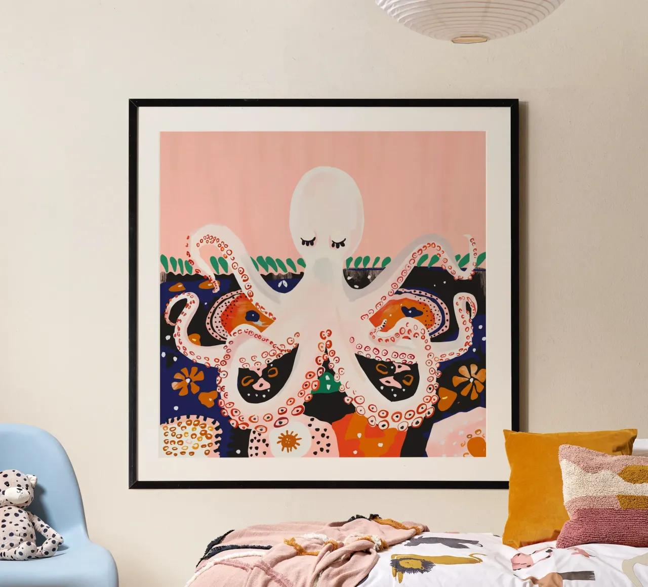 Polpo in meditazione poster con telaio in alluminio da ArtsySesta