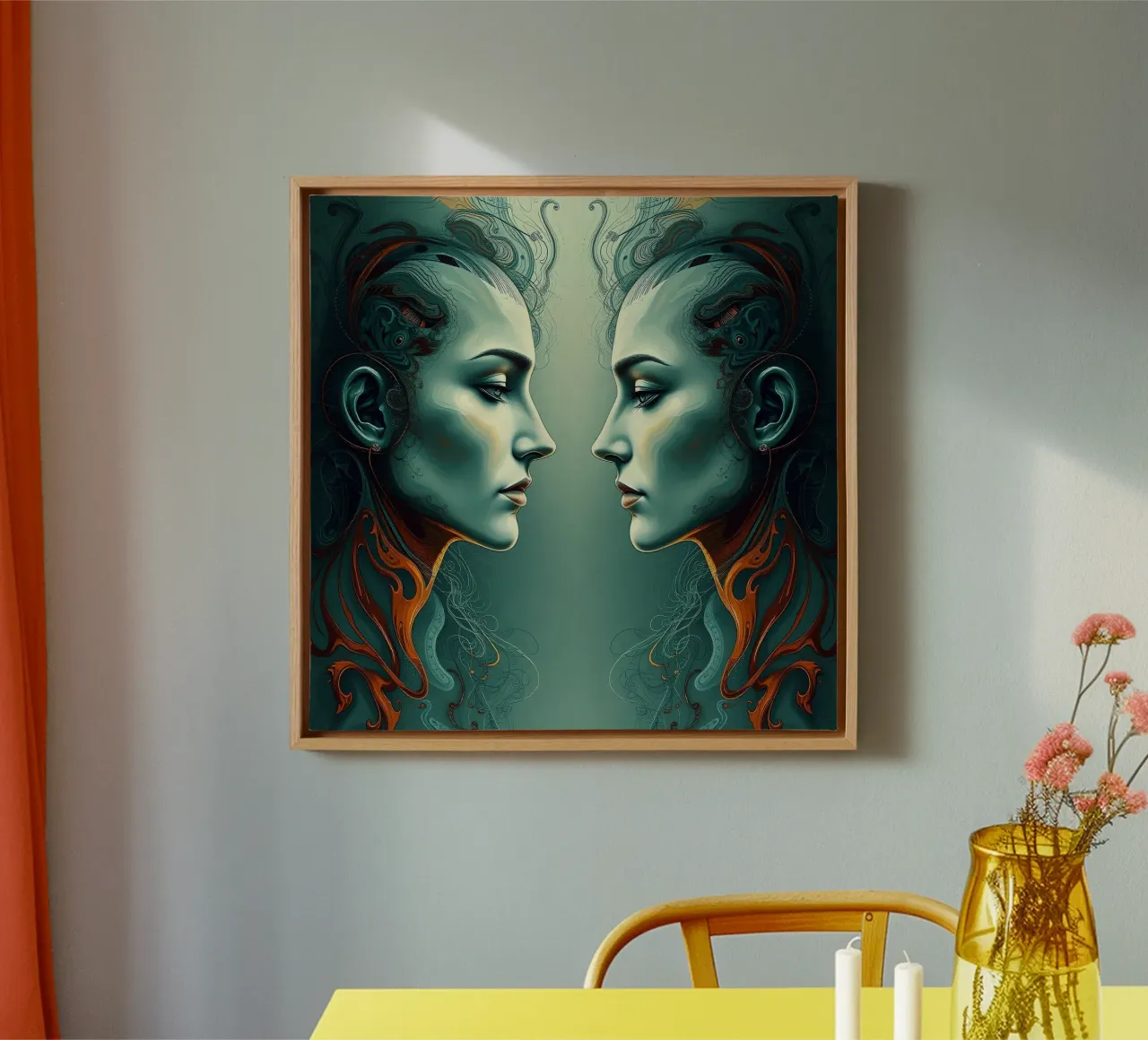 Mirror_image_colourful_12 canvas with Floater frame by AI-Portraits by LK