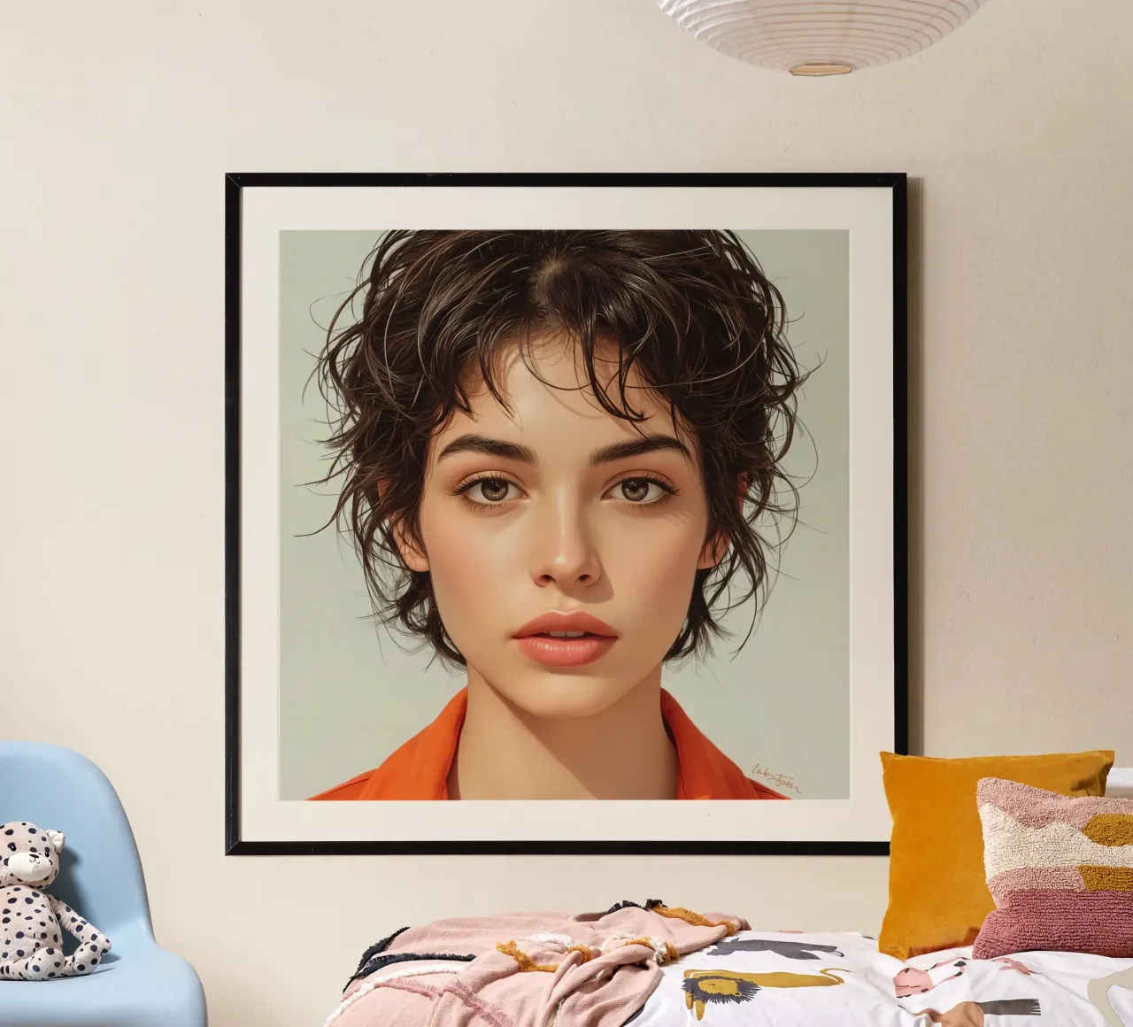 Ritratto di giovane donna con capelli castani corti poster con telaio in plastica da DesignDoodle