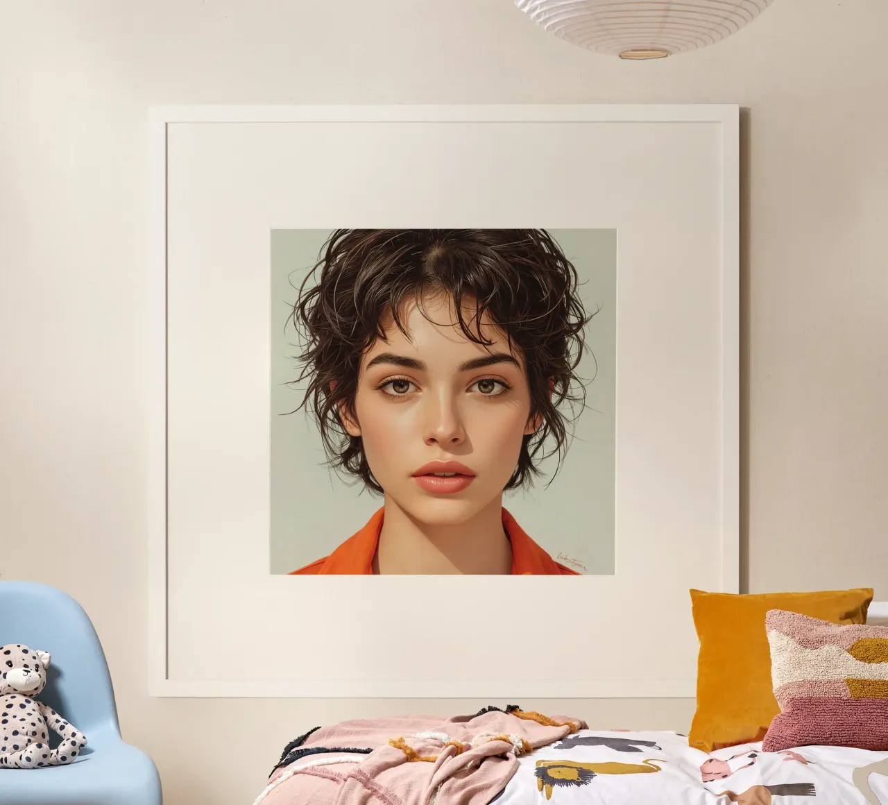 Ritratto di giovane donna con capelli castani corti poster con telaio in plastica da DesignDoodle