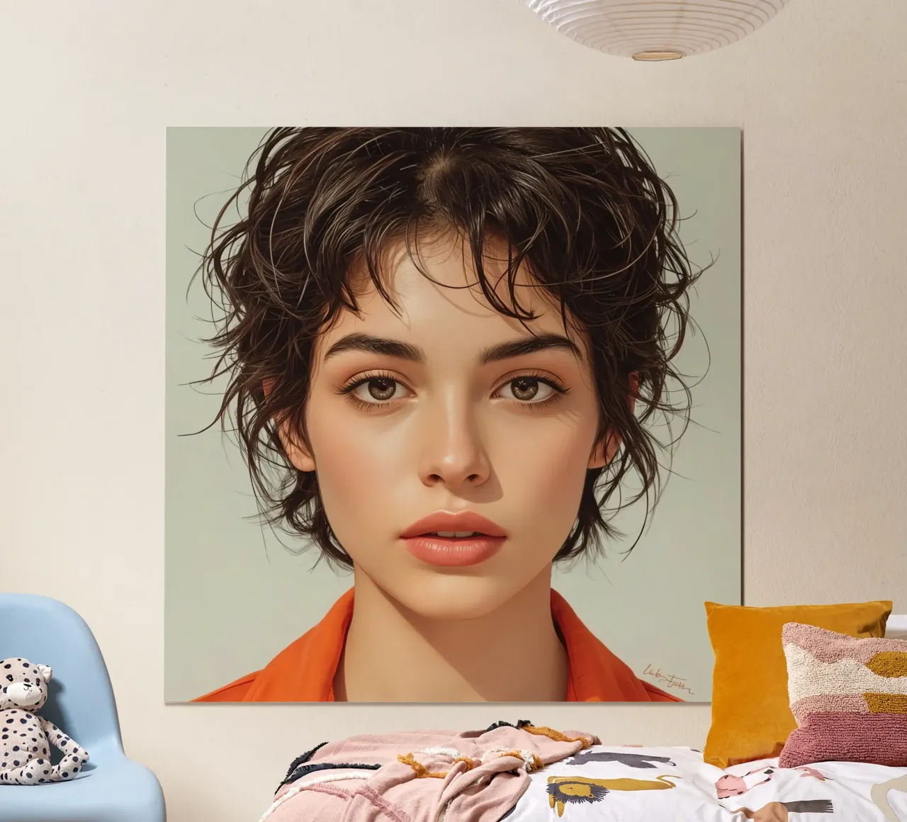 Ritratto di giovane donna con capelli castani corti poster con telaio in plastica da DesignDoodle