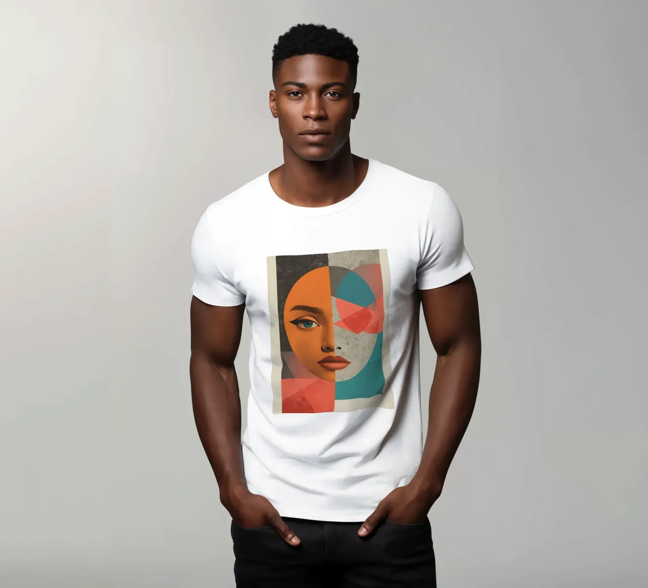Portrait Split Between Realistic Face and Geometric Shapes t-shirt by DesignDoodle