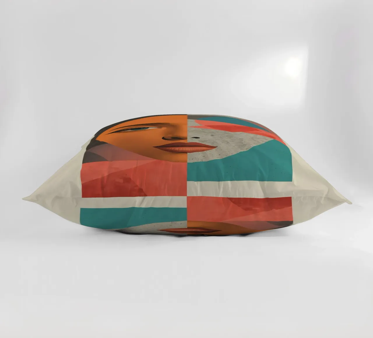 Ritratto diviso tra volto realistico e forme geometriche cuscino da DesignDoodle
