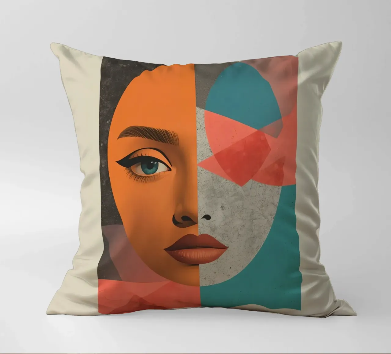 Ritratto diviso tra volto realistico e forme geometriche cuscino da DesignDoodle