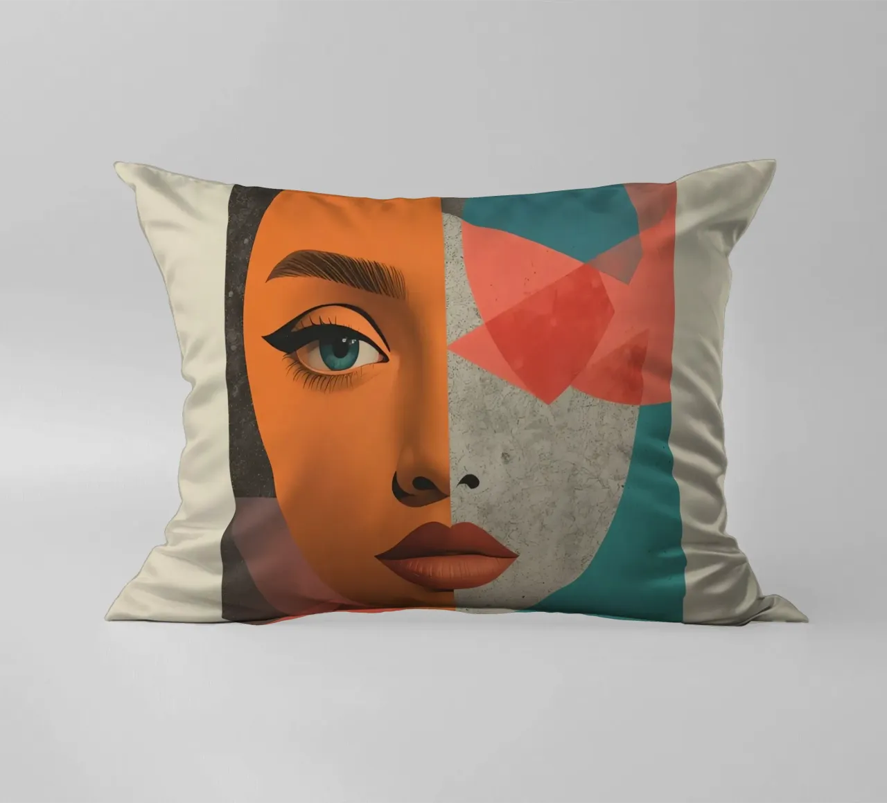 Ritratto diviso tra volto realistico e forme geometriche cuscino da DesignDoodle