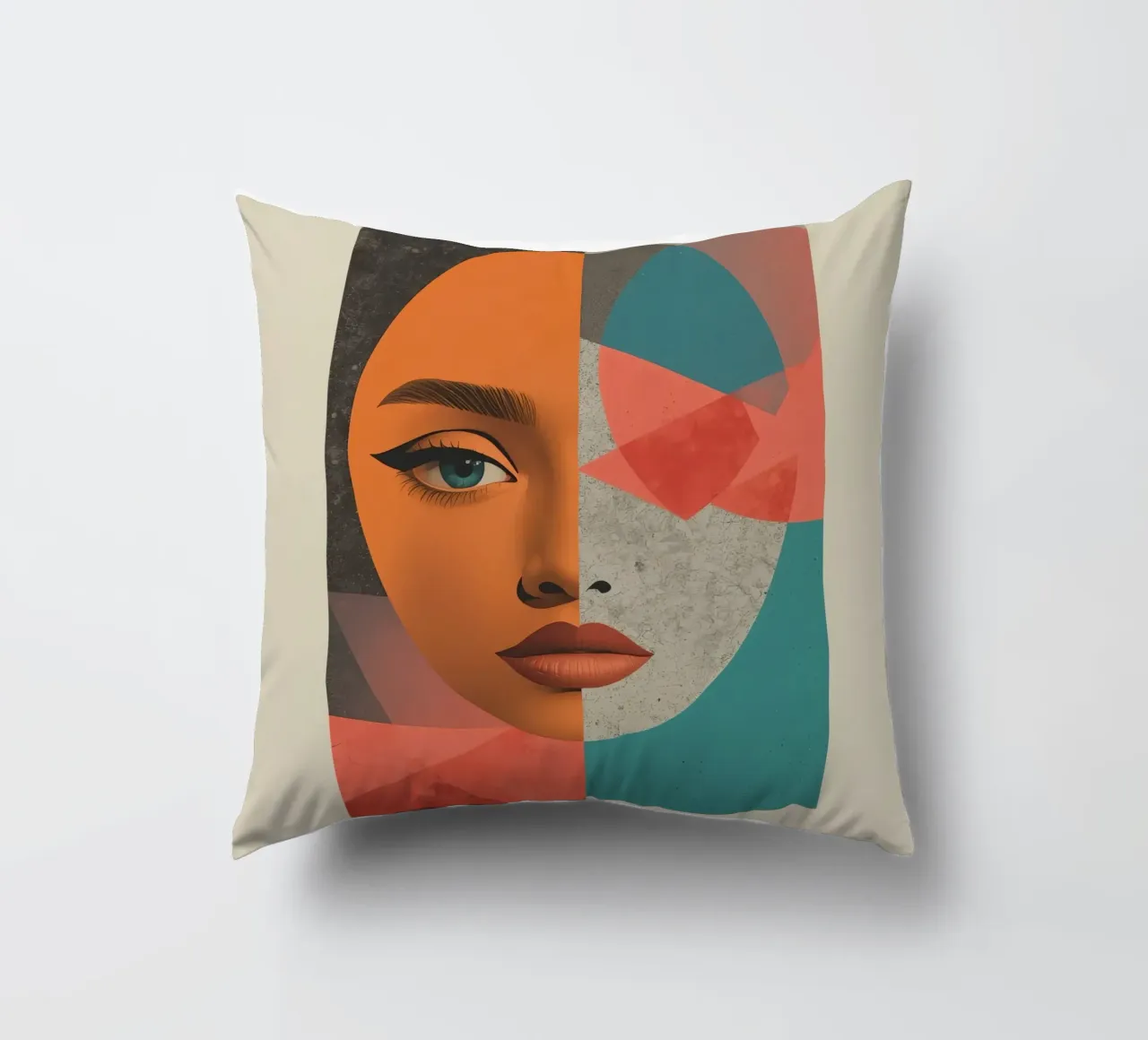 Ritratto diviso tra volto realistico e forme geometriche cuscino da DesignDoodle