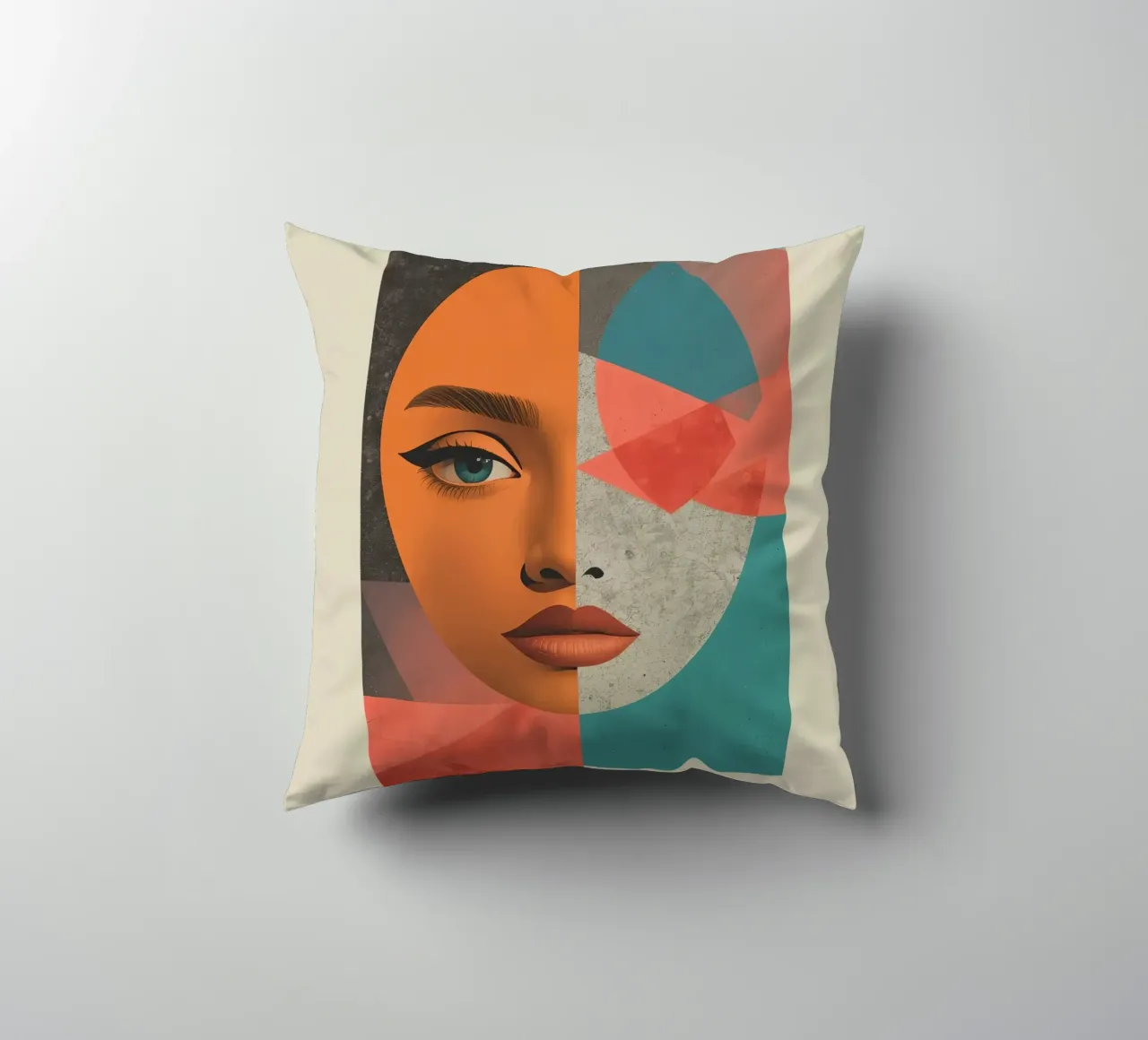 Ritratto diviso tra volto realistico e forme geometriche cuscino da DesignDoodle