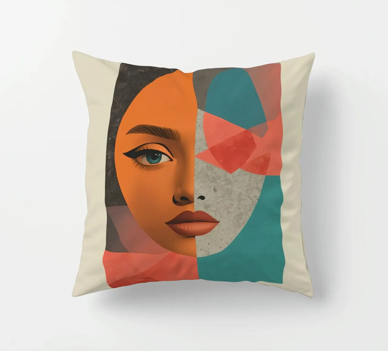Ritratto diviso tra volto realistico e forme geometriche cuscino da DesignDoodle