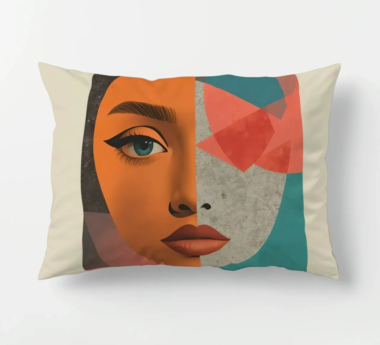 Ritratto diviso tra volto realistico e forme geometriche cuscino da DesignDoodle