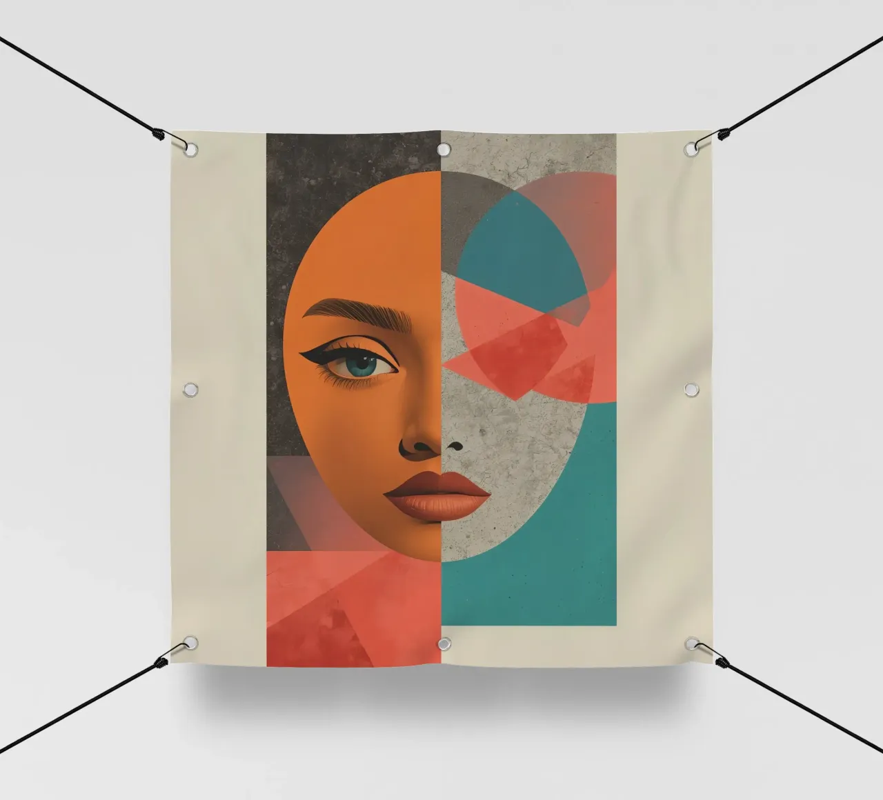Ritratto diviso tra volto realistico e forme geometriche telo in pvc da DesignDoodle