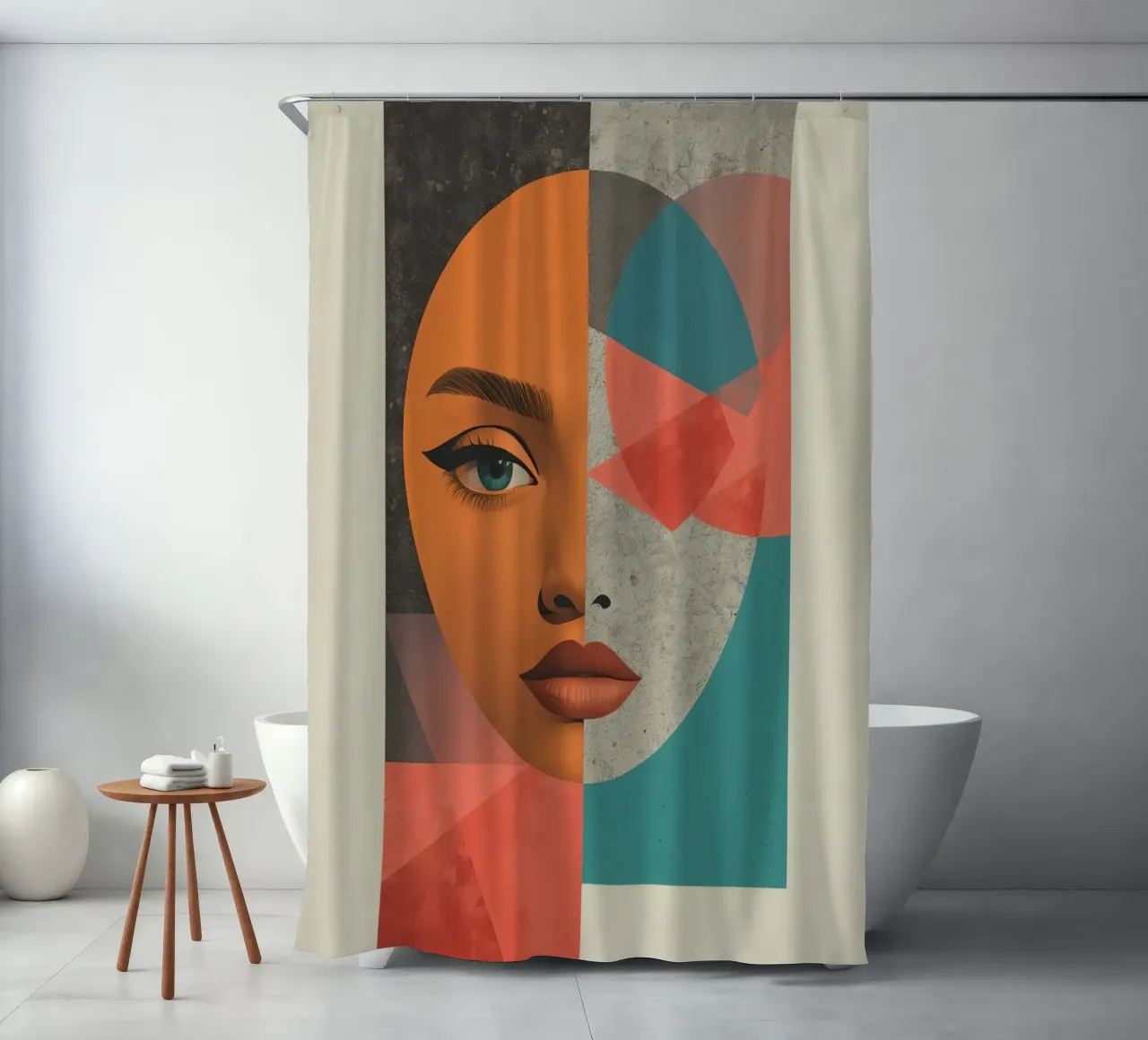 Portrait Split Between Realistic Face and Geometric Shapes shower curtain by DesignDoodle