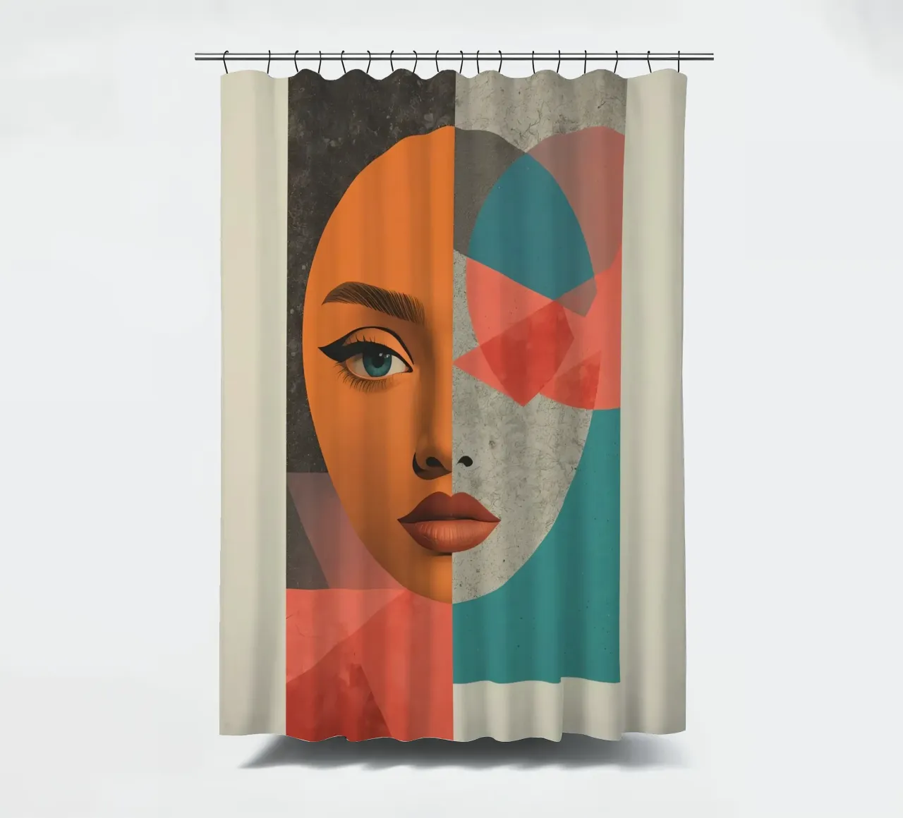Portrait Split Between Realistic Face and Geometric Shapes shower curtain by DesignDoodle
