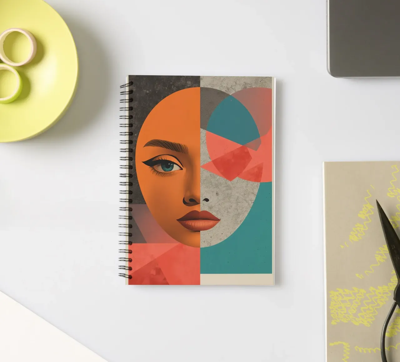 Portrait Split Between Realistic Face and Geometric Shapes spiral notebook by DesignDoodle