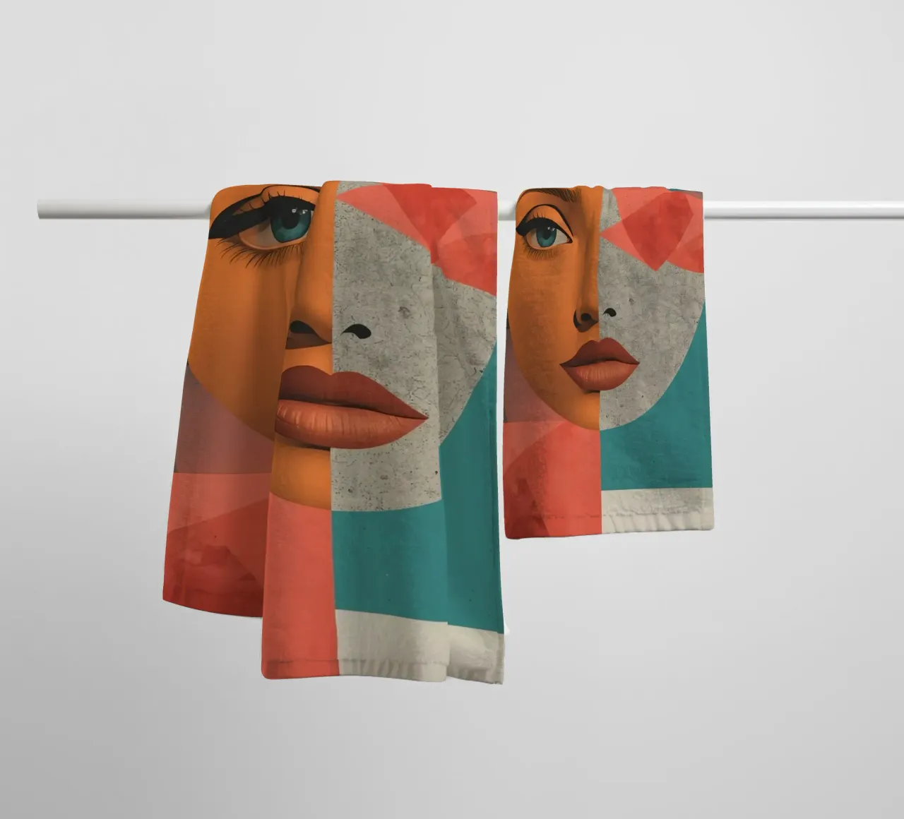 Portrait Split Between Realistic Face and Geometric Shapes towel by DesignDoodle