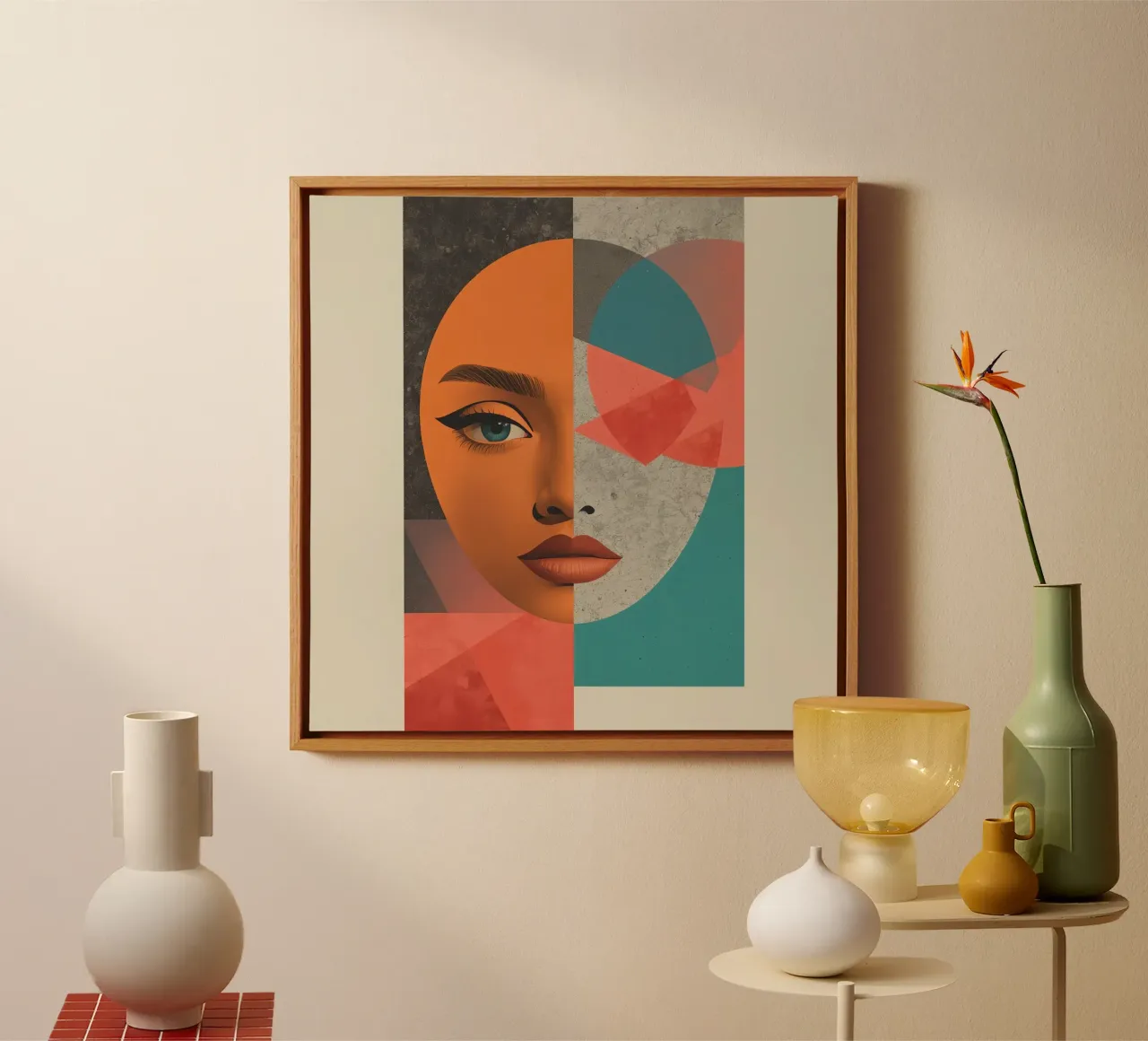 Ritratto diviso tra volto realistico e forme geometriche tela con Cornice a cassetta da DesignDoodle