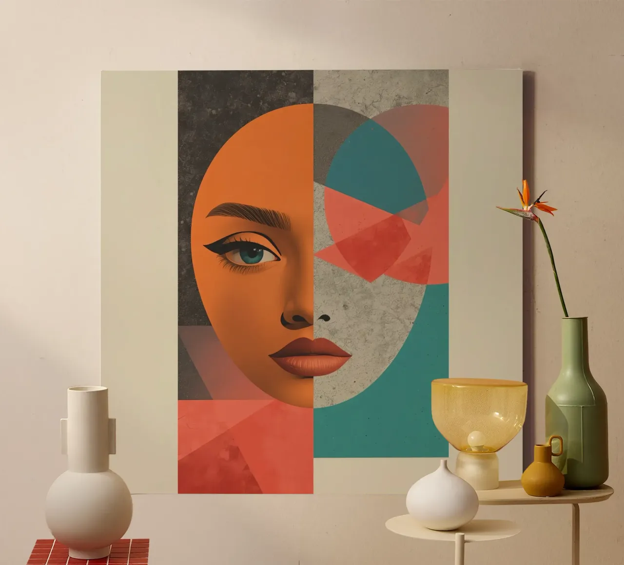 Ritratto diviso tra volto realistico e forme geometriche tela con Cornice a cassetta da DesignDoodle