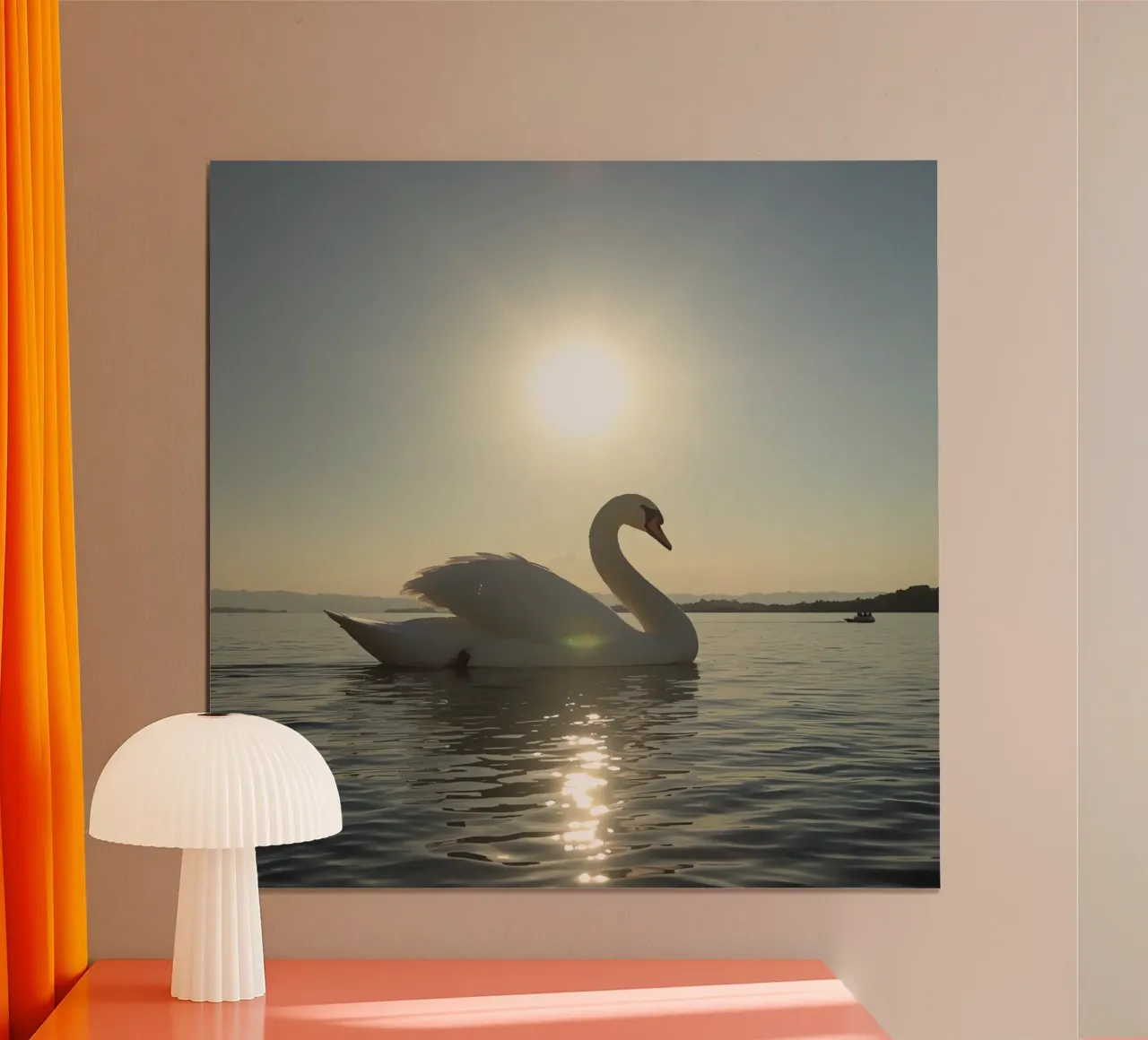Cisne nadando en el agua al atardecer poster de DesignDoodle