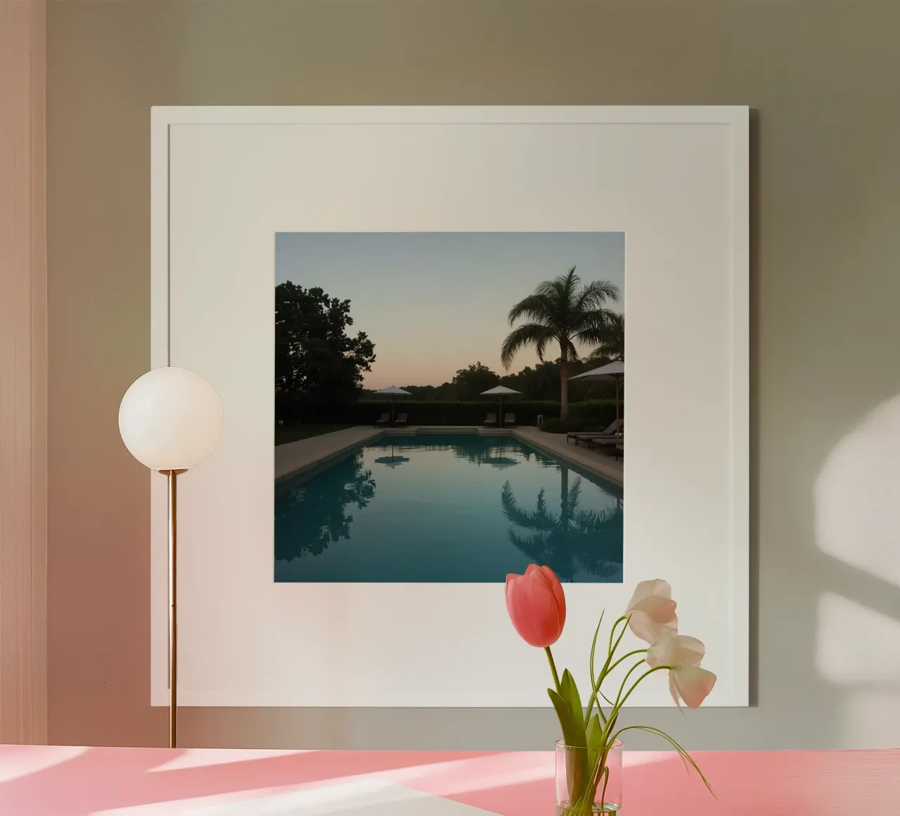 Swimming Pool Reflecting Palm Trees and Umbrellas at Dusk poster by DesignDoodle